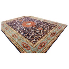 Antique Azerbaijani Tabriz Wool 10X13 Navy, Orange & Teal Handmade Area Rug