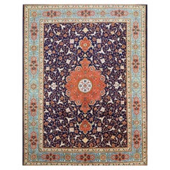 Antique Azerbaijani Tabriz Wool 10X13 Navy, Orange & Teal Handmade Area Rug