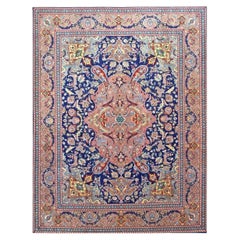Antique Azerbaijani Tabriz Wool 10X13 Navy, Rose, Rust & Ivory Handmade Area Rug