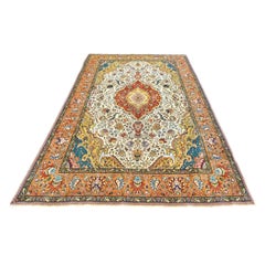 Antique Azerbaijani Tabriz Wool 6x10 Ivory, Tan & Rust Handmade Area Rug