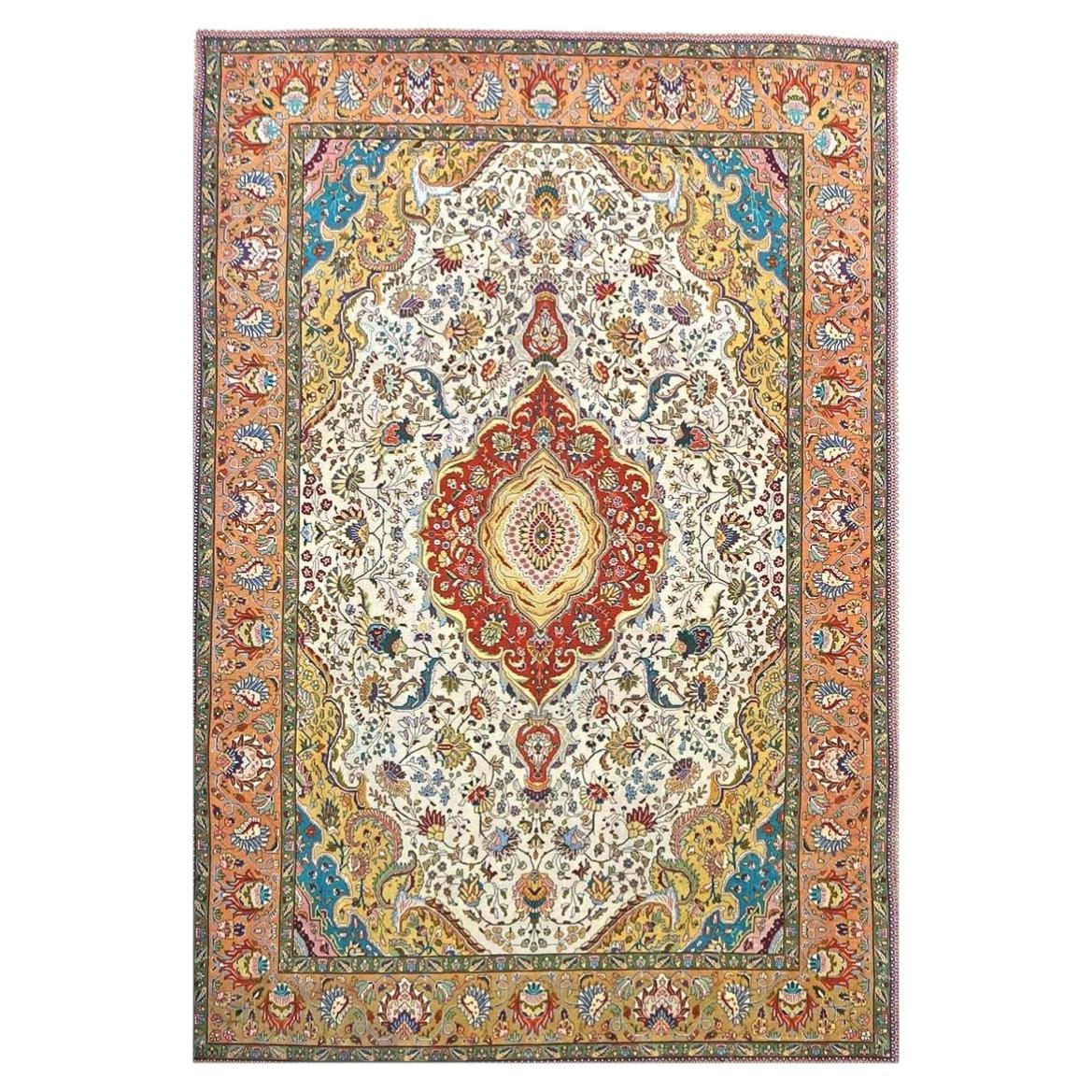Antique Azerbaijani Tabriz Wool 6x10 Ivory, Tan & Rust Handmade Area Rug For Sale
