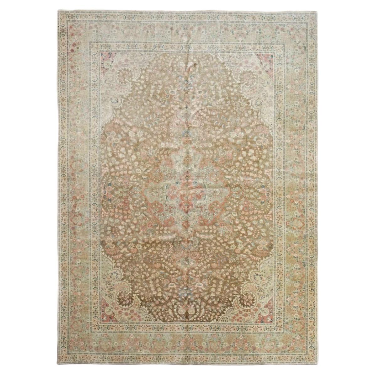 Antique Azerbaijani Tabriz Wool 7x9 Tan & Olive Handmade Area Rug