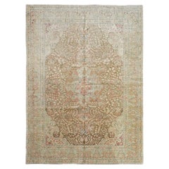 Alfombra antigua de Tabriz (Azerbaiyán), de lana, 7x9, en tonos beige y verde oliva, hecha a mano