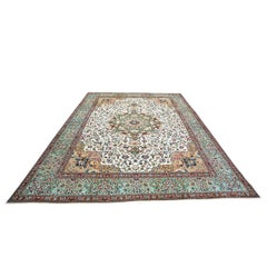 Antiker aserbaidschanischer Tabriz-Teppich aus Wolle und Baumwolle, 10 x 13, elfenbeinfarben und blaugrün, handgefertigt