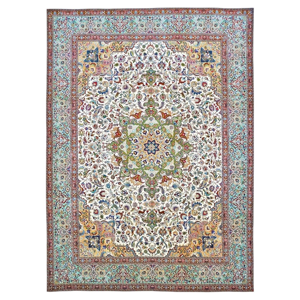 Antique Azerbaijani Tabriz Wool & Cotton 10X13 Ivory & Teal Handmade Area Rug