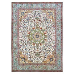 Antiker aserbaidschanischer Tabriz-Teppich aus Wolle und Baumwolle, 10 x 13, elfenbeinfarben und blaugrün, handgefertigt