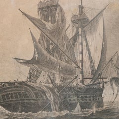 Antique B. Tanner Seascape Etching, War of 1812 Macedonia Battleship