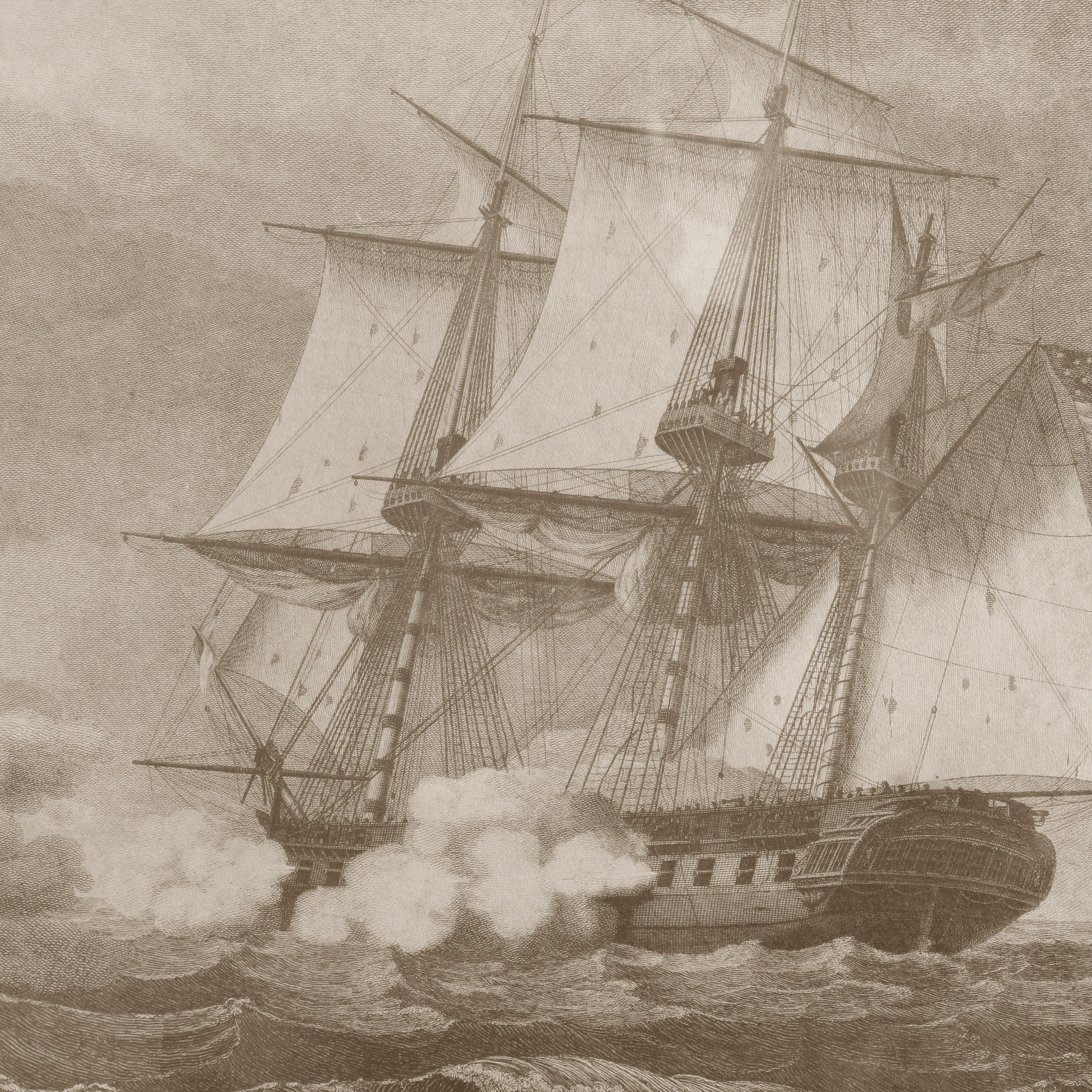 American Antique B. Tanner Seascape Etching, War of 1812 Macedonia Battleship