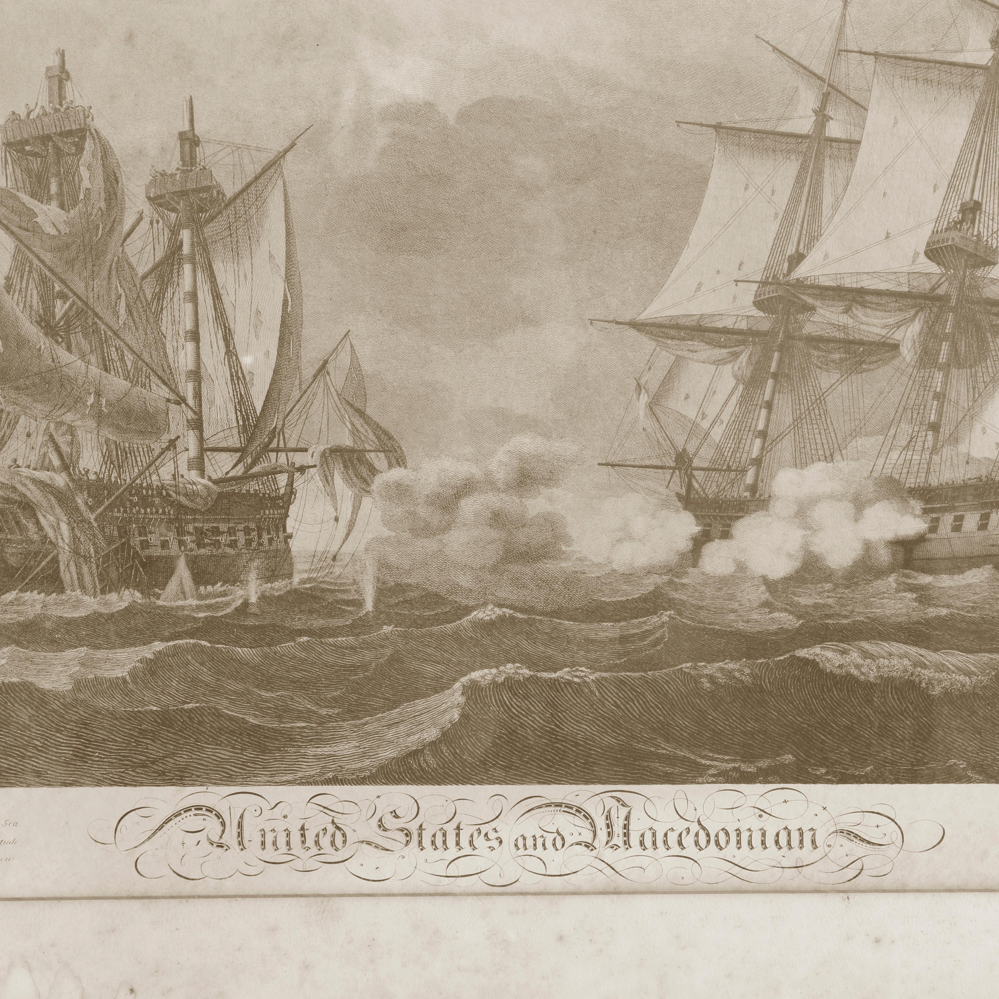 Antique B. Tanner Seascape Etching, War of 1812 Macedonia Battleship In Good Condition In Big Flats, NY
