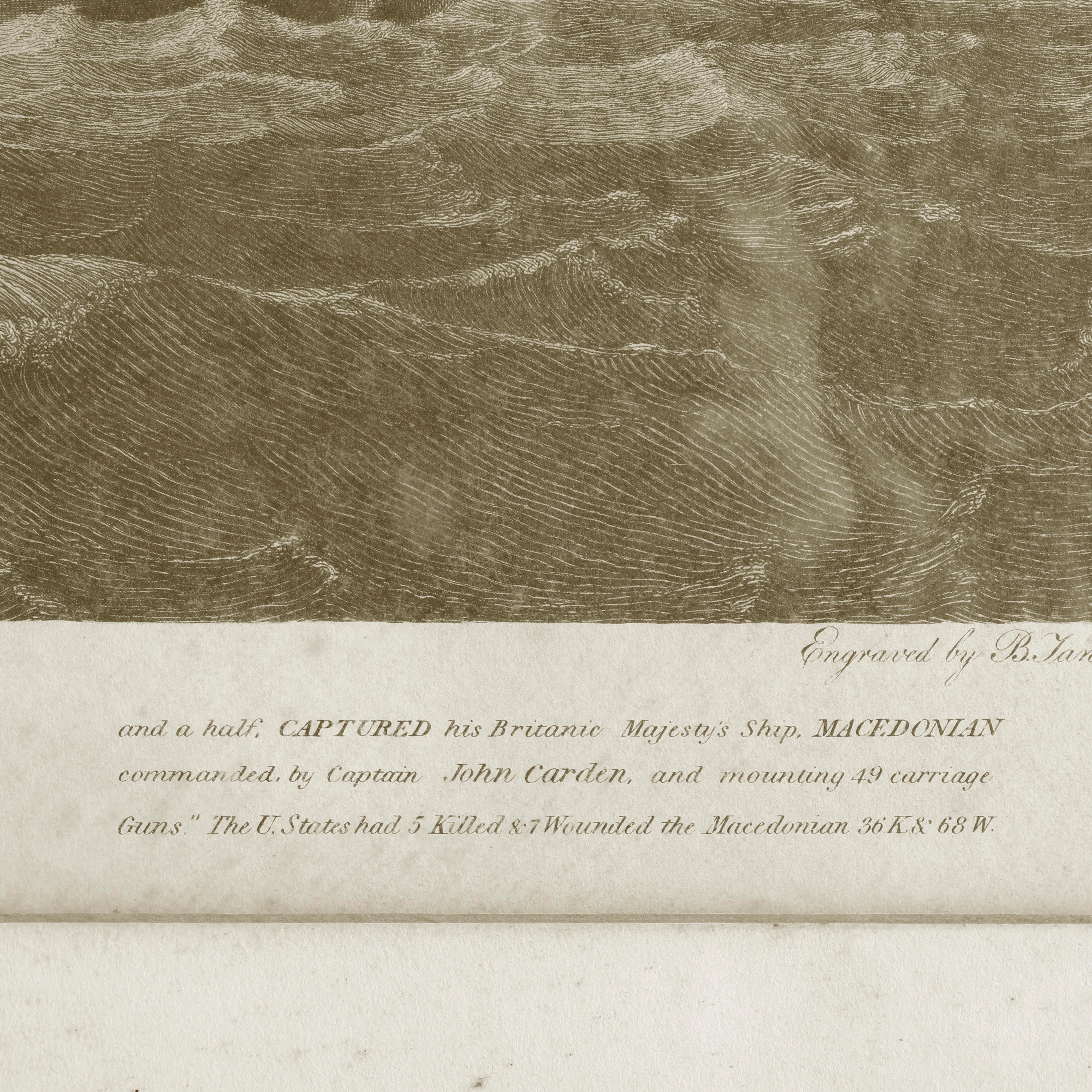 19th Century Antique B. Tanner Seascape Etching, War of 1812 Macedonia Battleship
