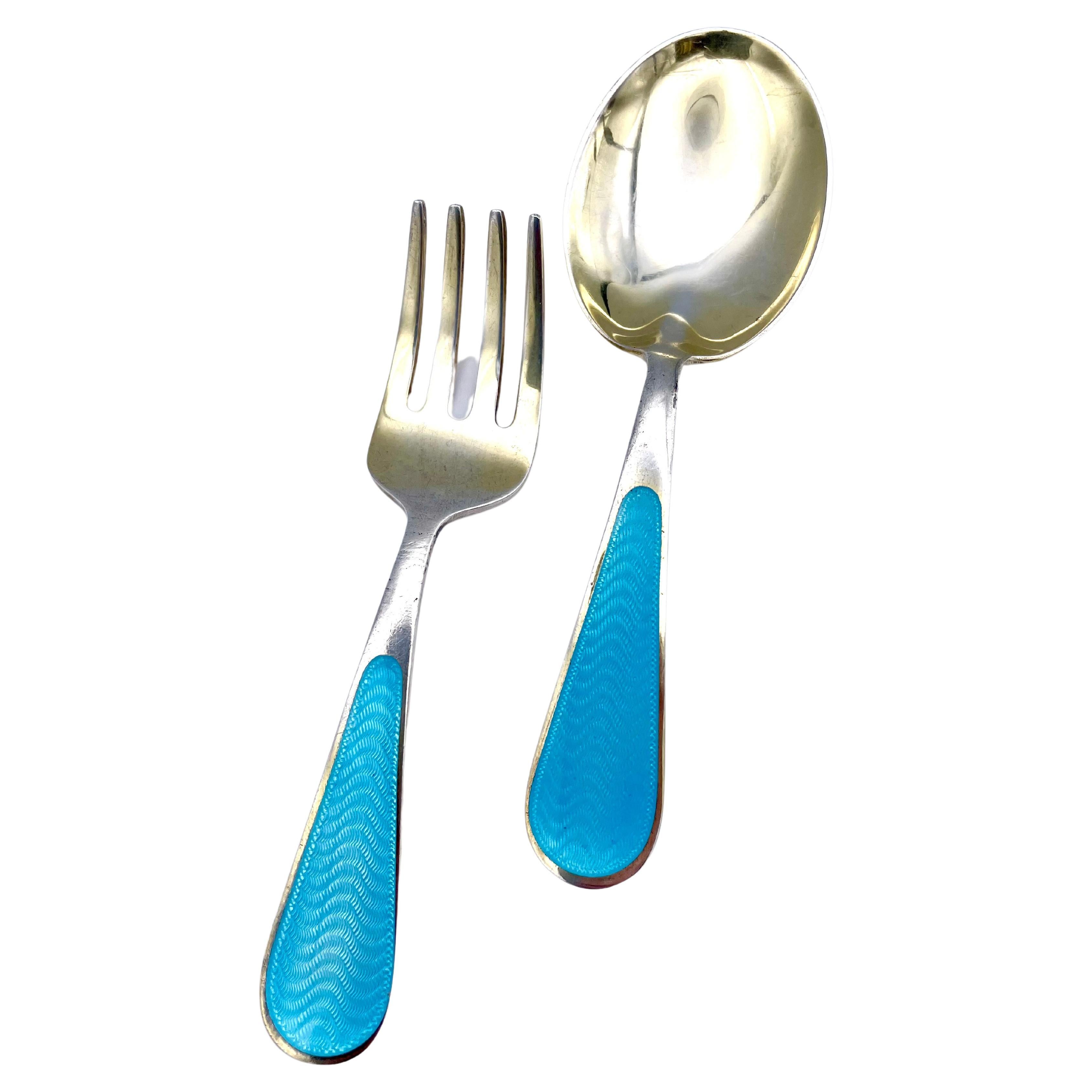 Antico set di cucchiaio e forchetta per bambino