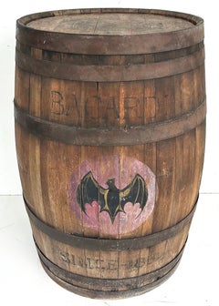 Antique Bacardi Wood and Iron Rum Barrel, Bat Logo Bar Accent