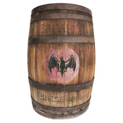 Antique Bacardi Wood and Iron Rum Barrel, Bat Logo Bar Accent