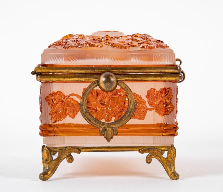 Antique Baccarat Acid Etched Cameo Glass Box with Leaf and Vine Motif