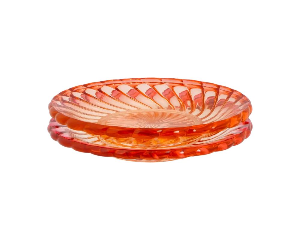 Antique Baccarat Crystal Bambou Tors Red Glass Plates In Good Condition For Sale In New York, NY