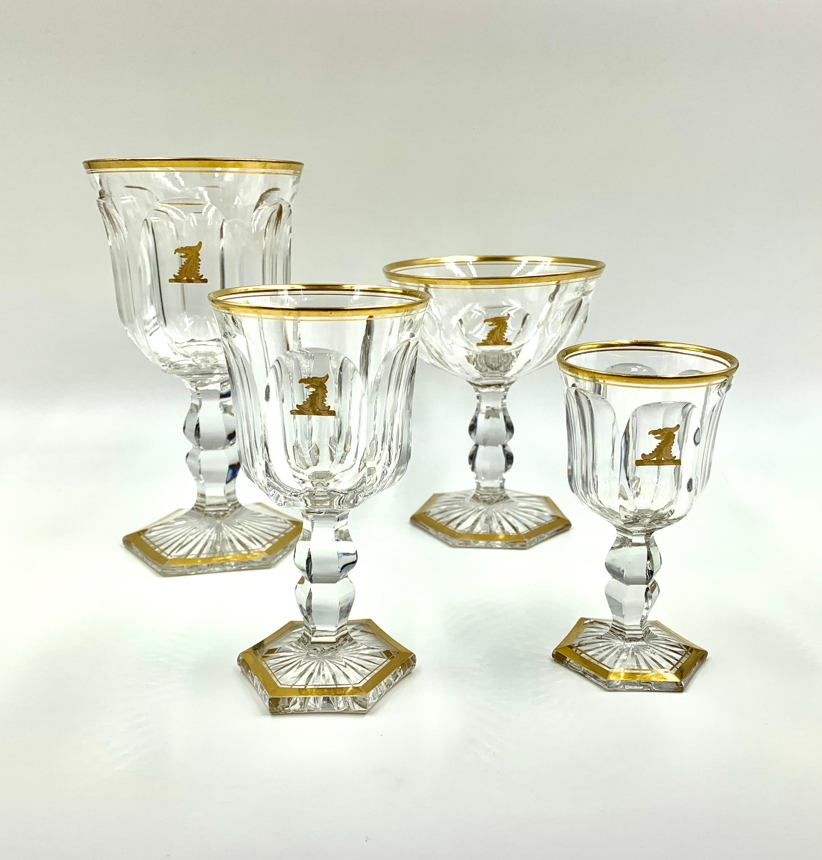French Antique Baccarat Crystal Empire Armorial Crest 34 Piece Stemware Service for 8 For Sale