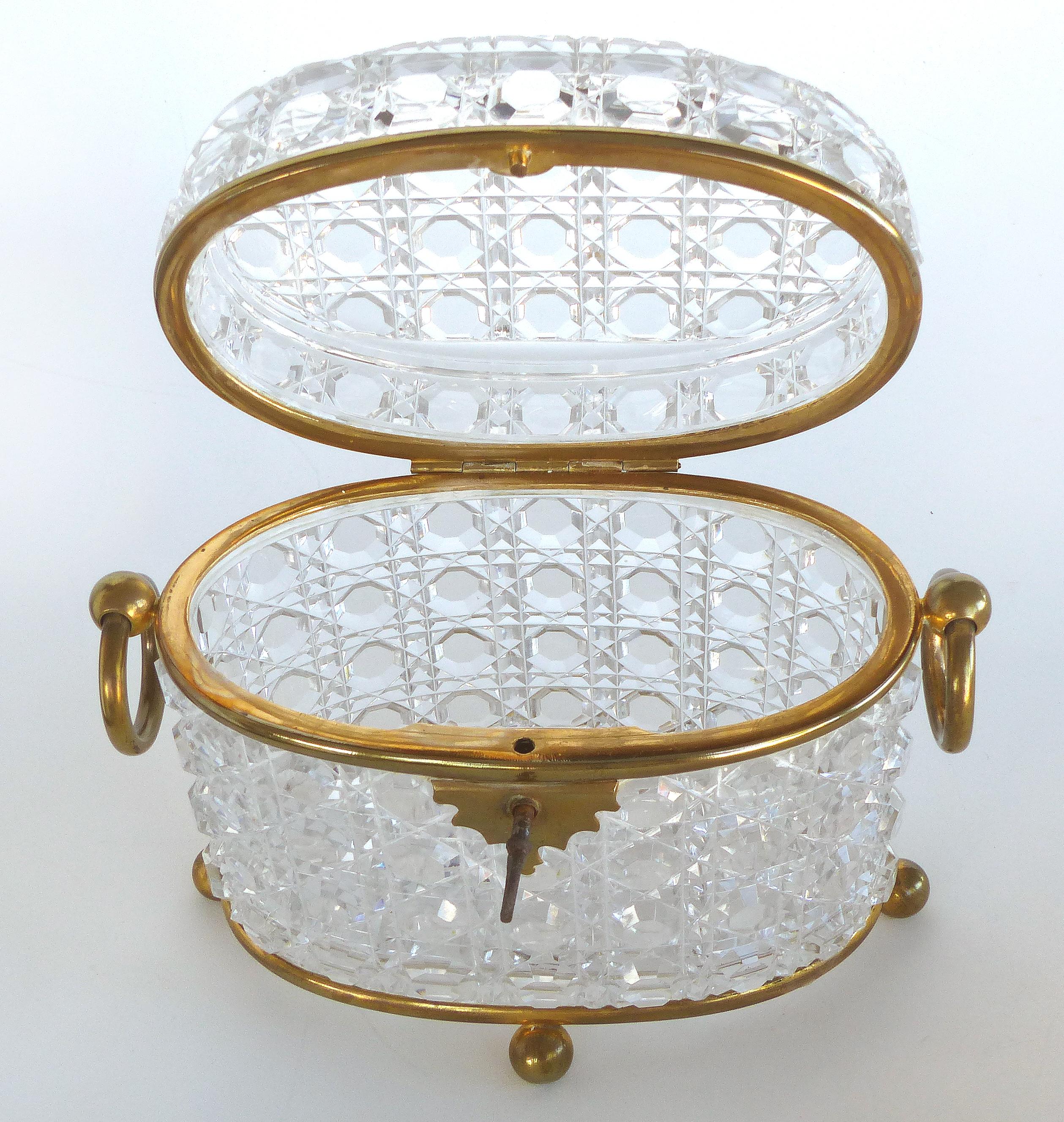 Antique Baccarat Cut Crystal Bronze Mounted Footed Oval Box with Original Key In Good Condition In Miami, FL
