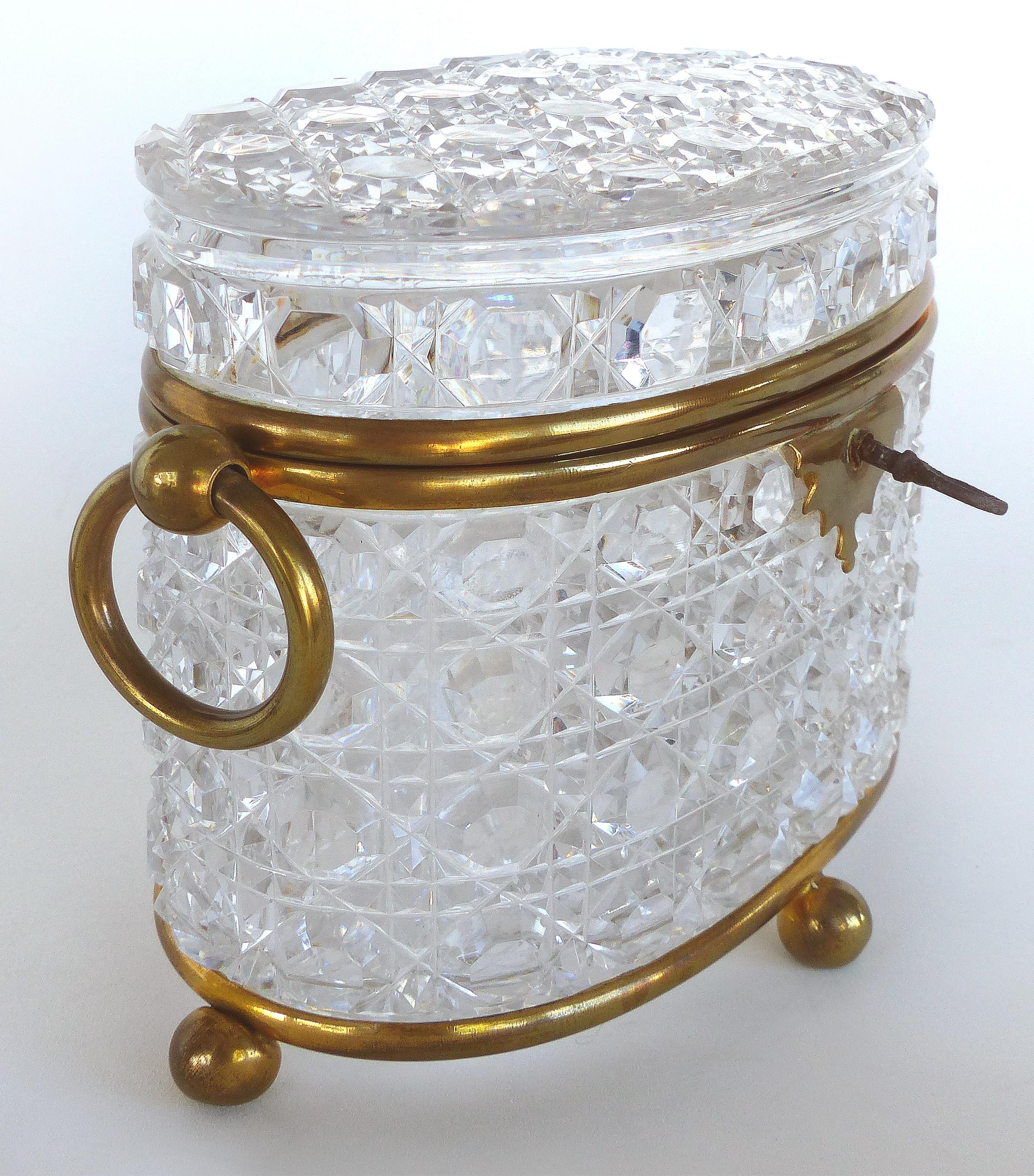 20th Century Antique Baccarat Cut Crystal Bronze Mounted Footed Oval Box with Original Key