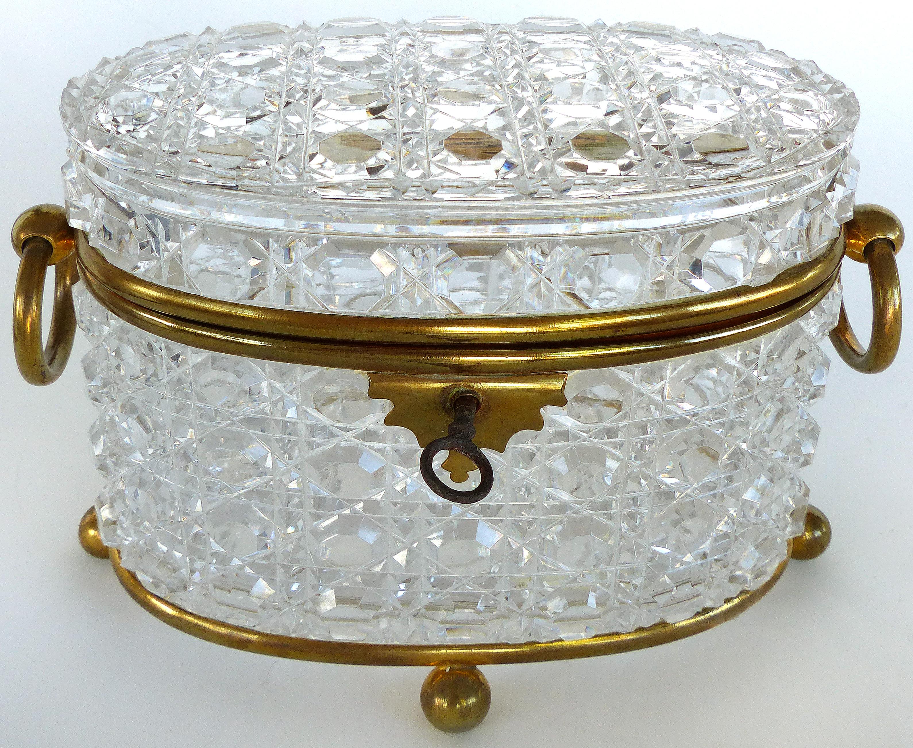 Antique Baccarat Cut Crystal Bronze Mounted Footed Oval Box with Original Key 1