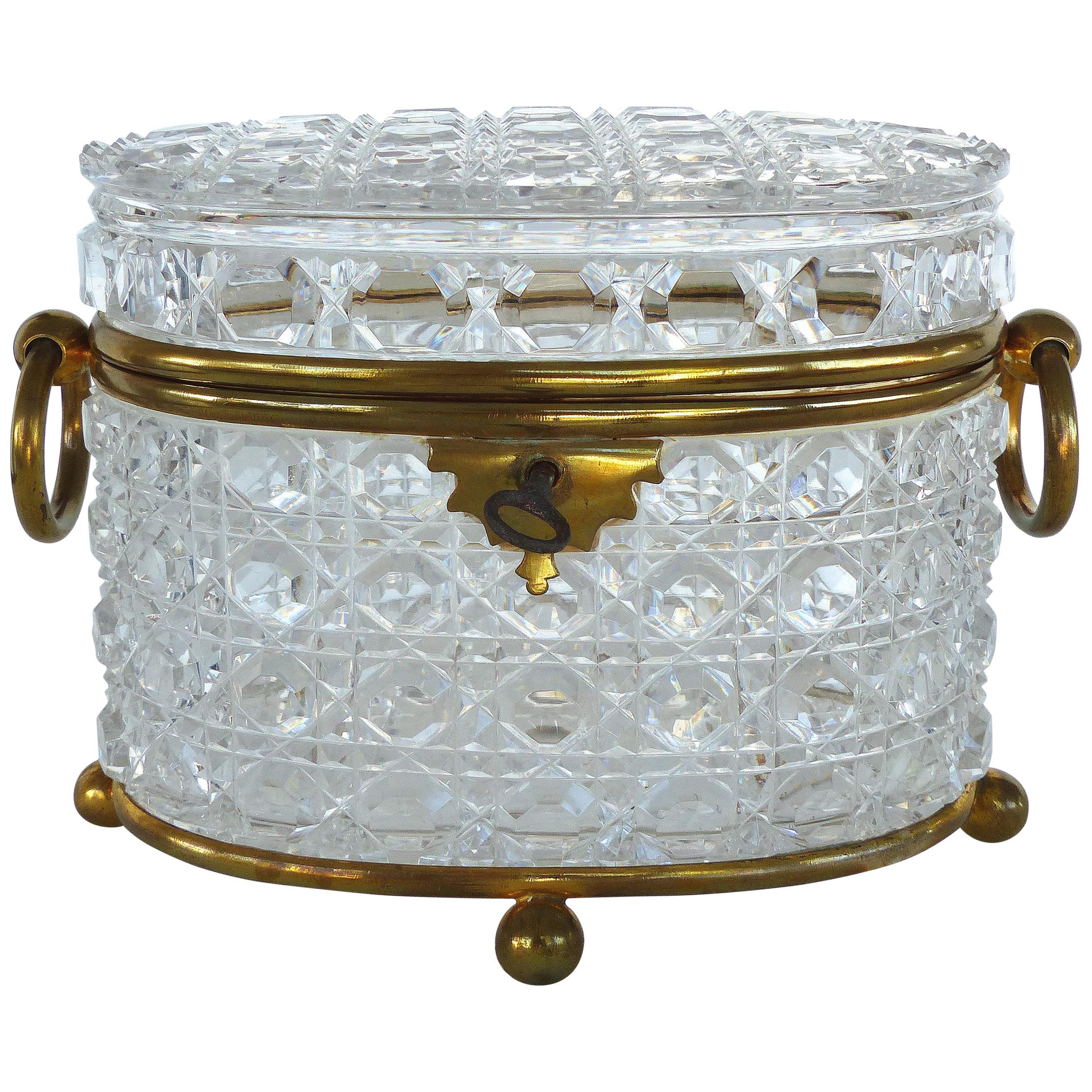 Antique Baccarat Cut Crystal Bronze Mounted Footed Oval Box with Original Key