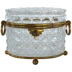 Antique Baccarat Cut Crystal Bronze Mounted Footed Oval Box with Original Key