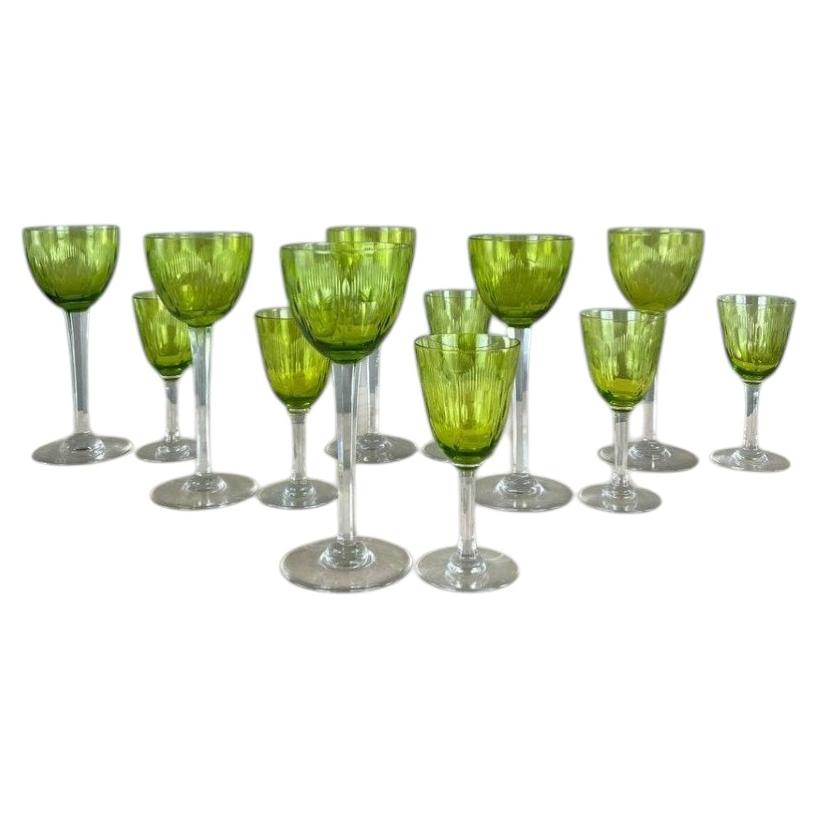 Antique Baccarat Green Crystal Glassware Set, 20th Century