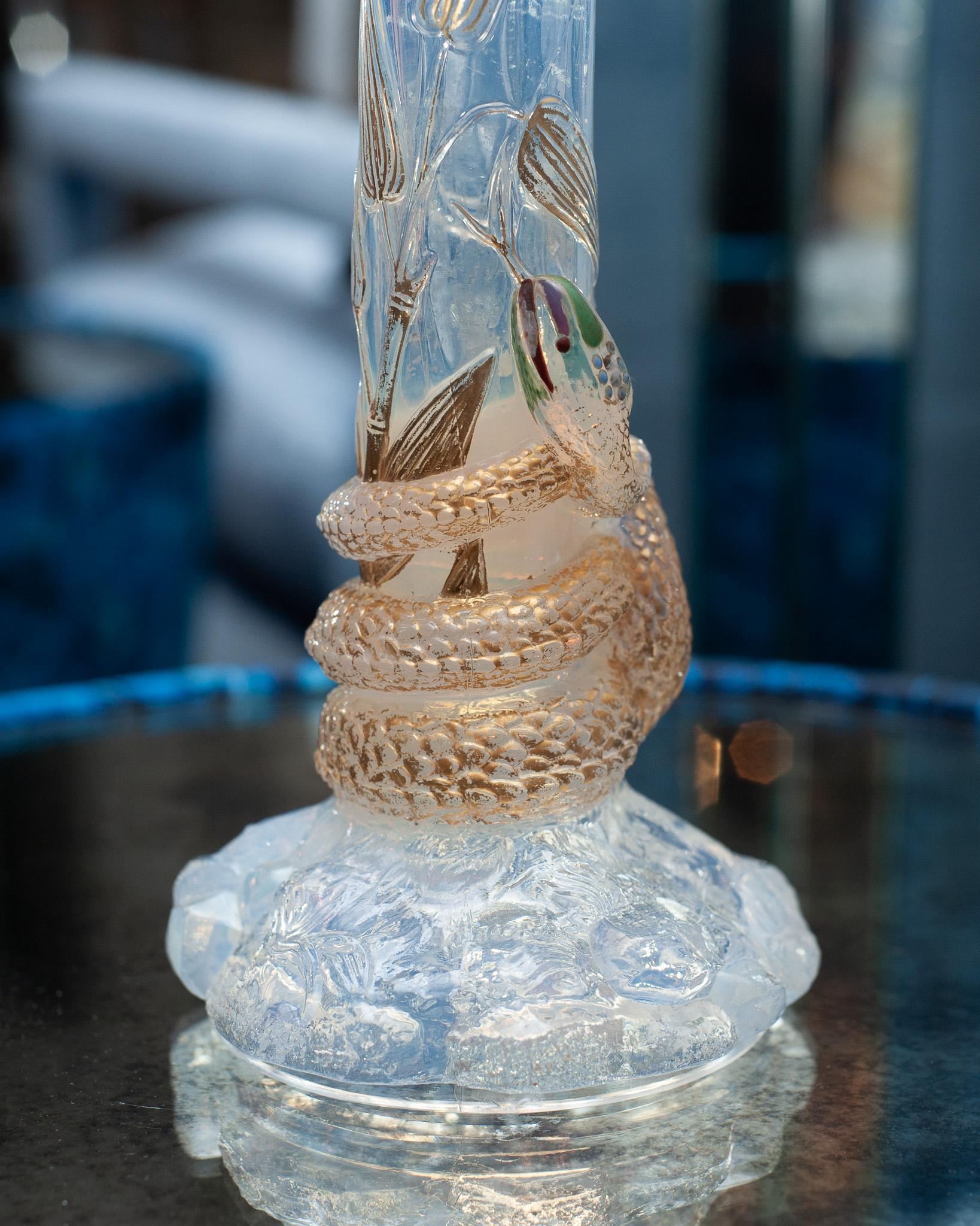 French Antique Baccarat Opalescent Crystal Vase with Gilded Snake Motif For Sale