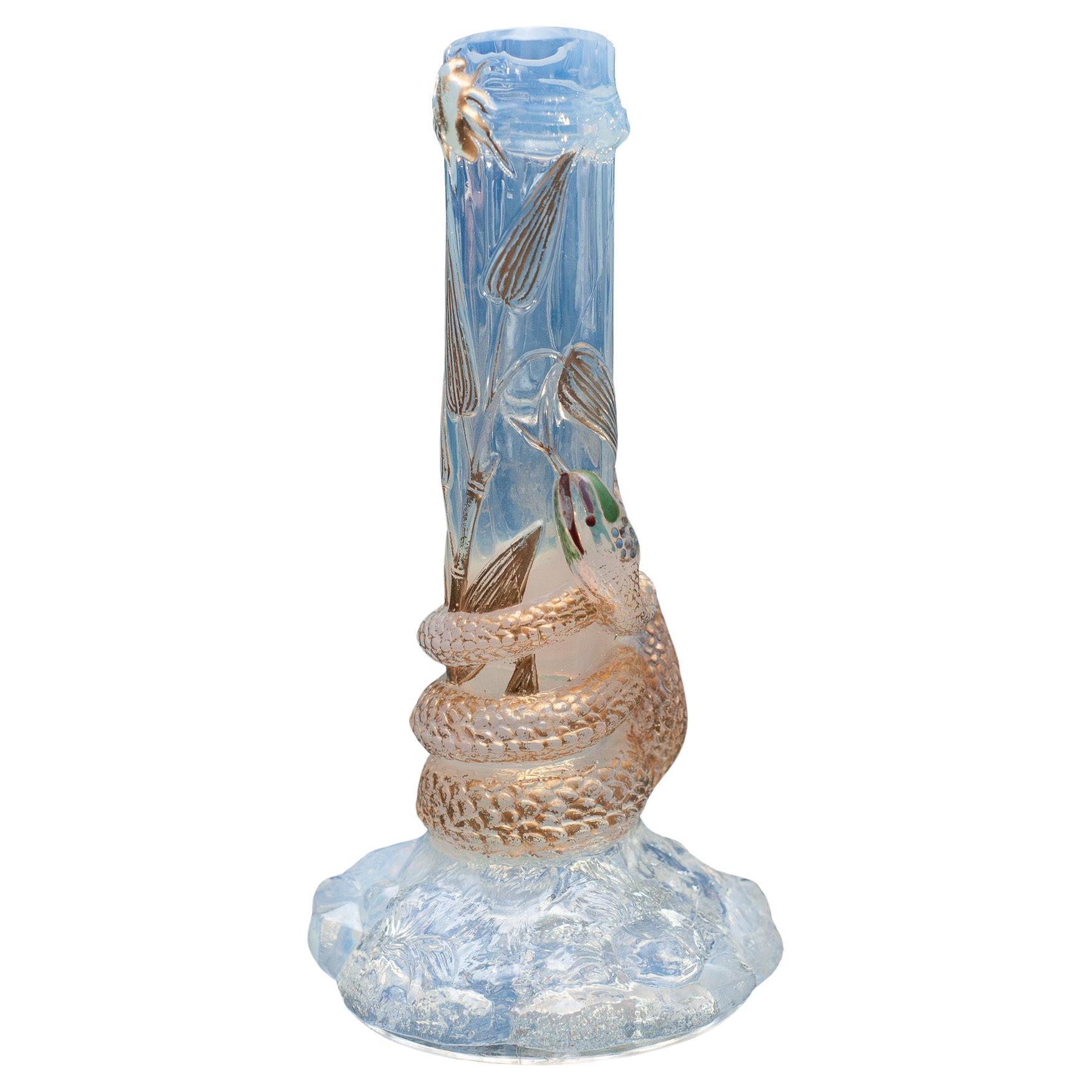 Antique Baccarat Opalescent Crystal Vase with Gilded Snake Motif For Sale