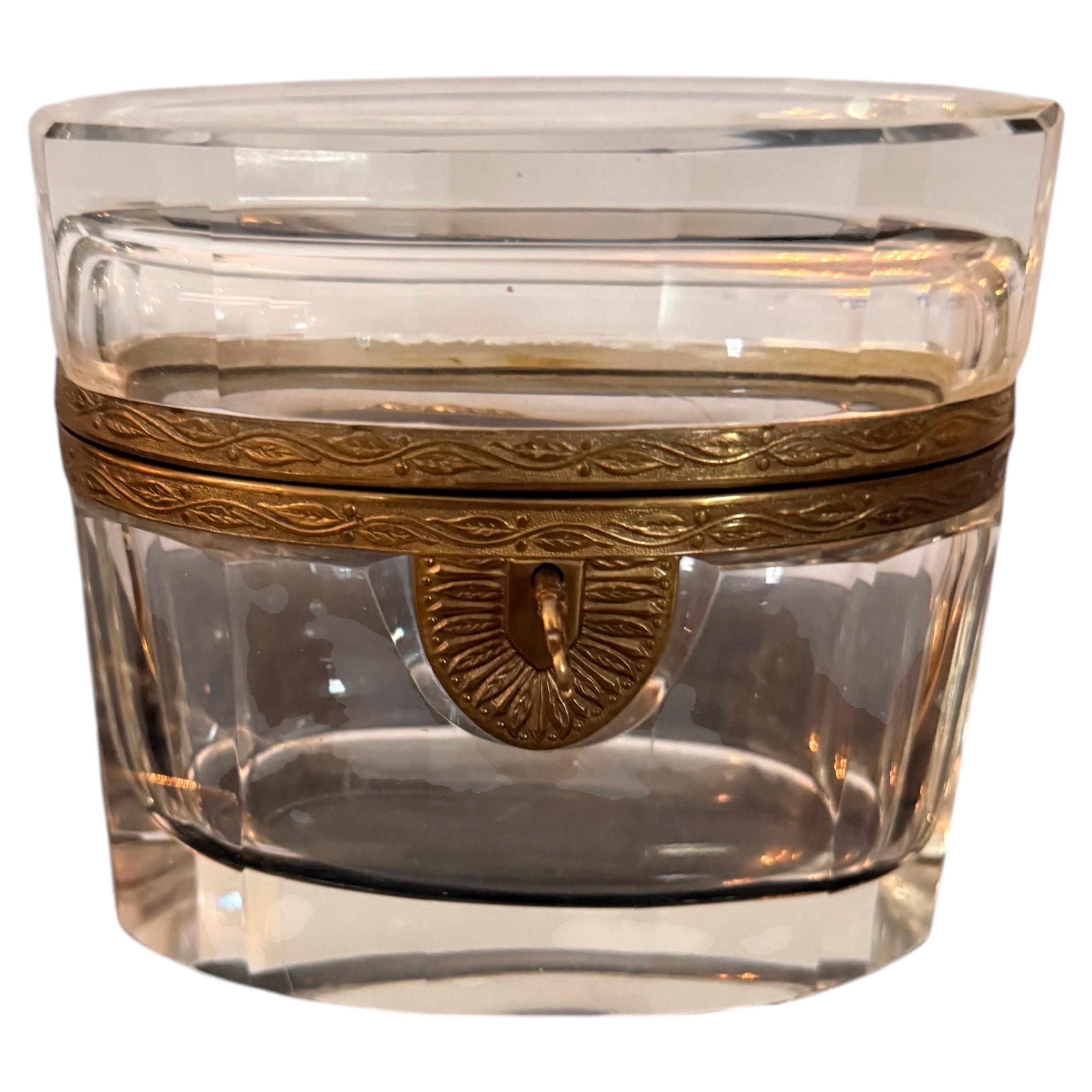 Antique Baccarat Oval Crystal and Gilt Brass Dresser Box with Key For Sale