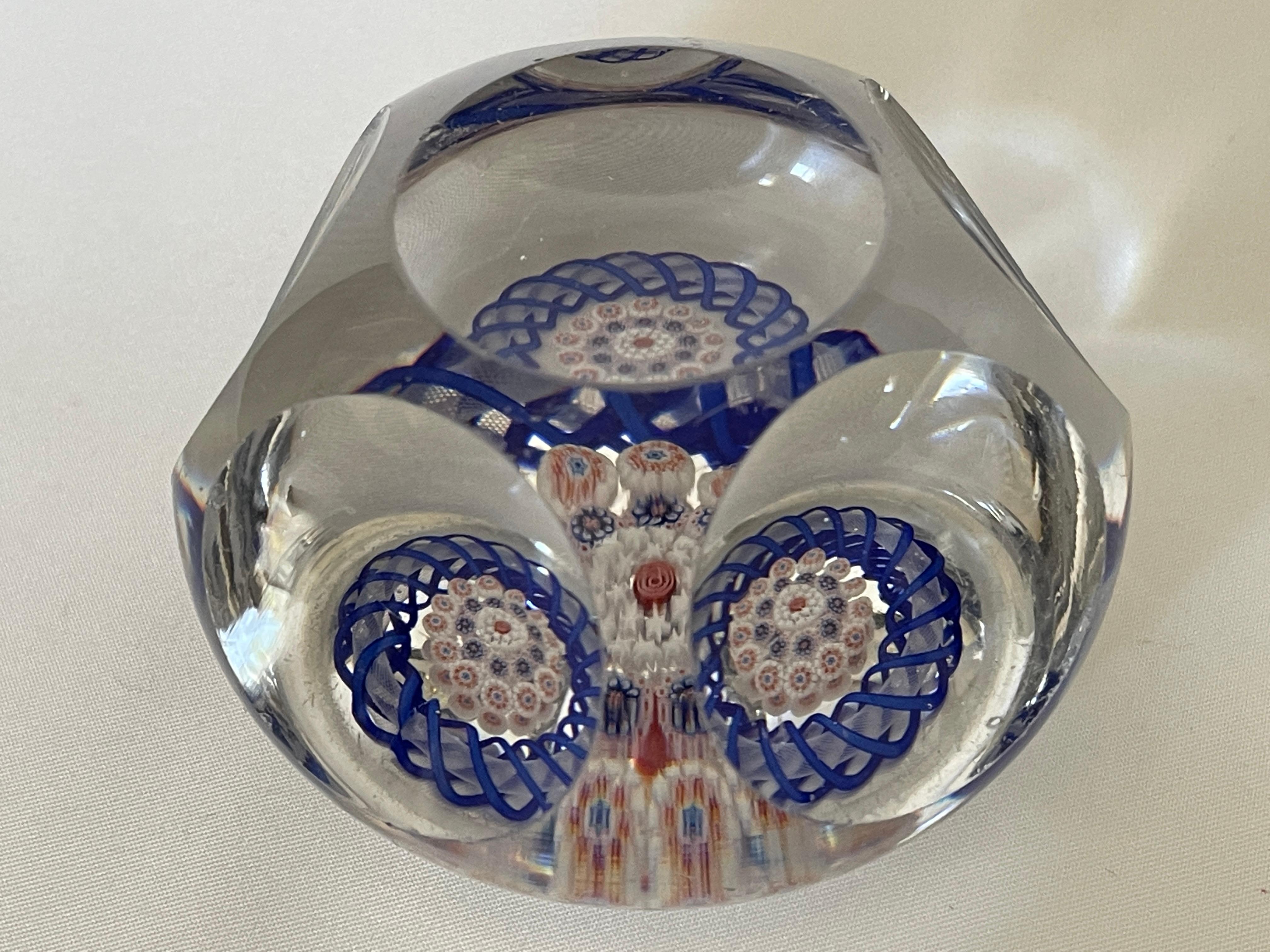 Faceted Antique Baccarat Red White and Blue Convex Glass Paperweight For Sale