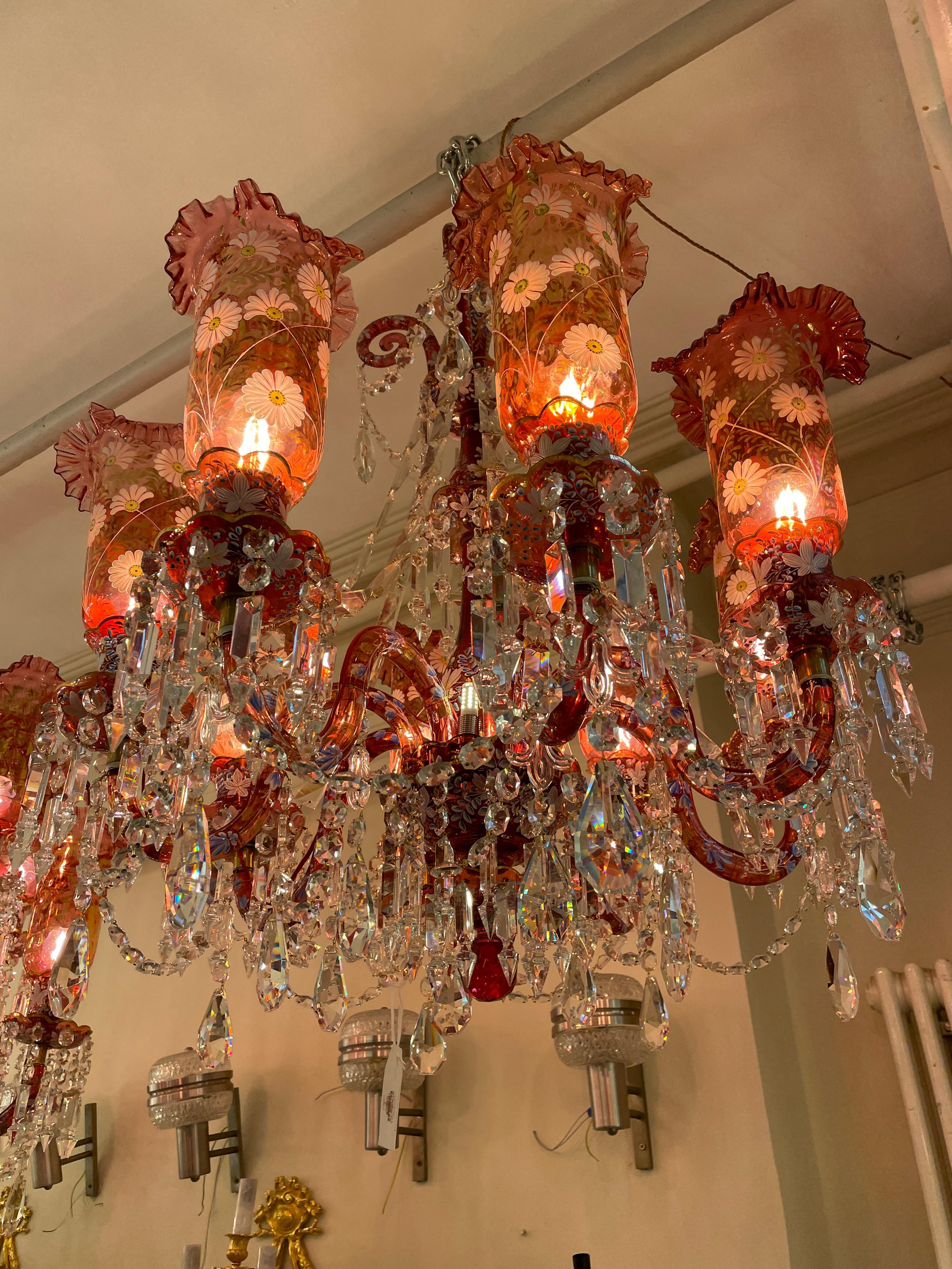 Antique Baccarat Ruby Red and Clear Crystal 8 Light Chandelier & 3 wall lights  In Excellent Condition For Sale In London, GB