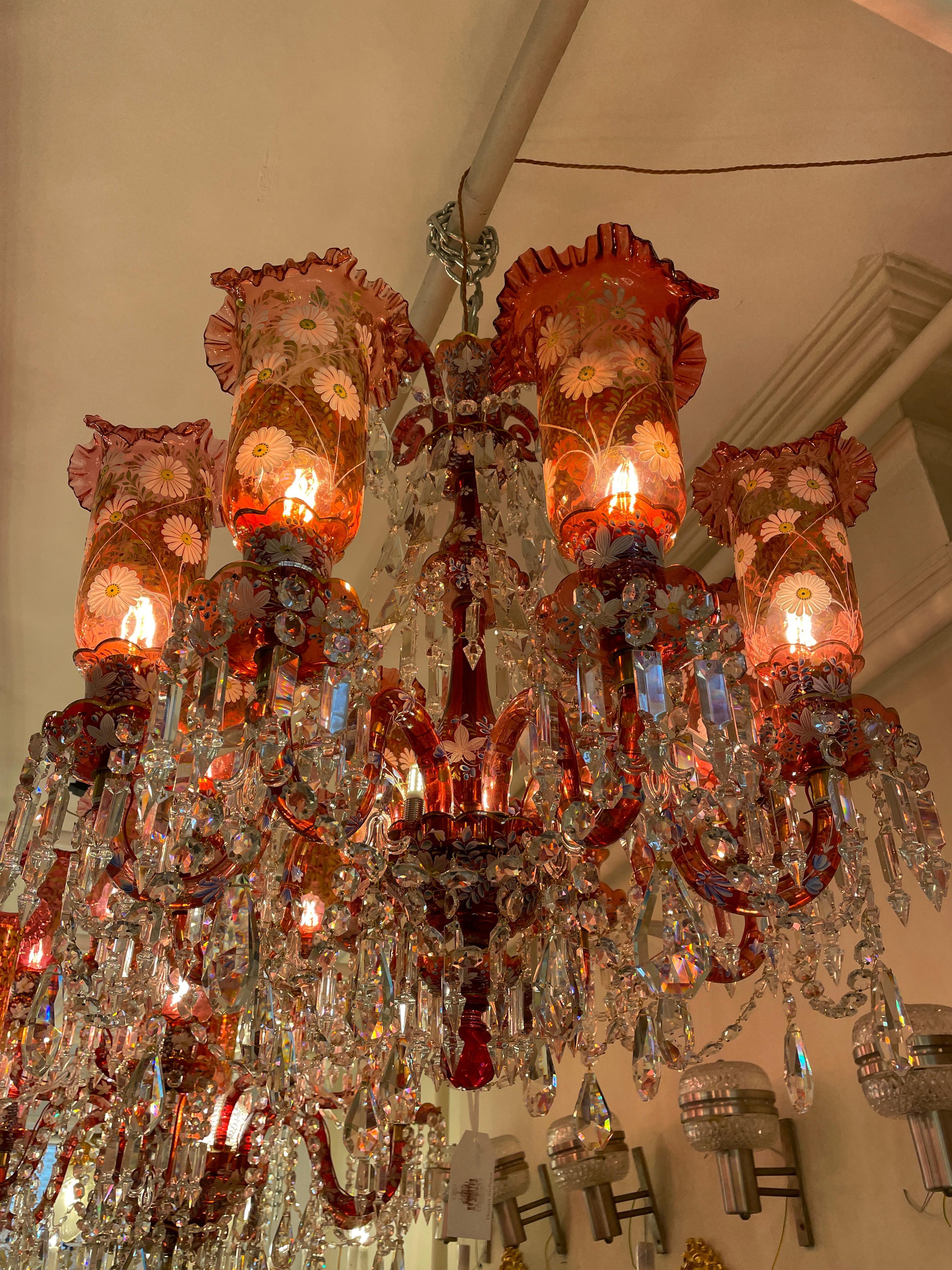 French Antique Baccarat Ruby Red and Clear Crystal 8 Light Chandelier & 3 wall lights  For Sale