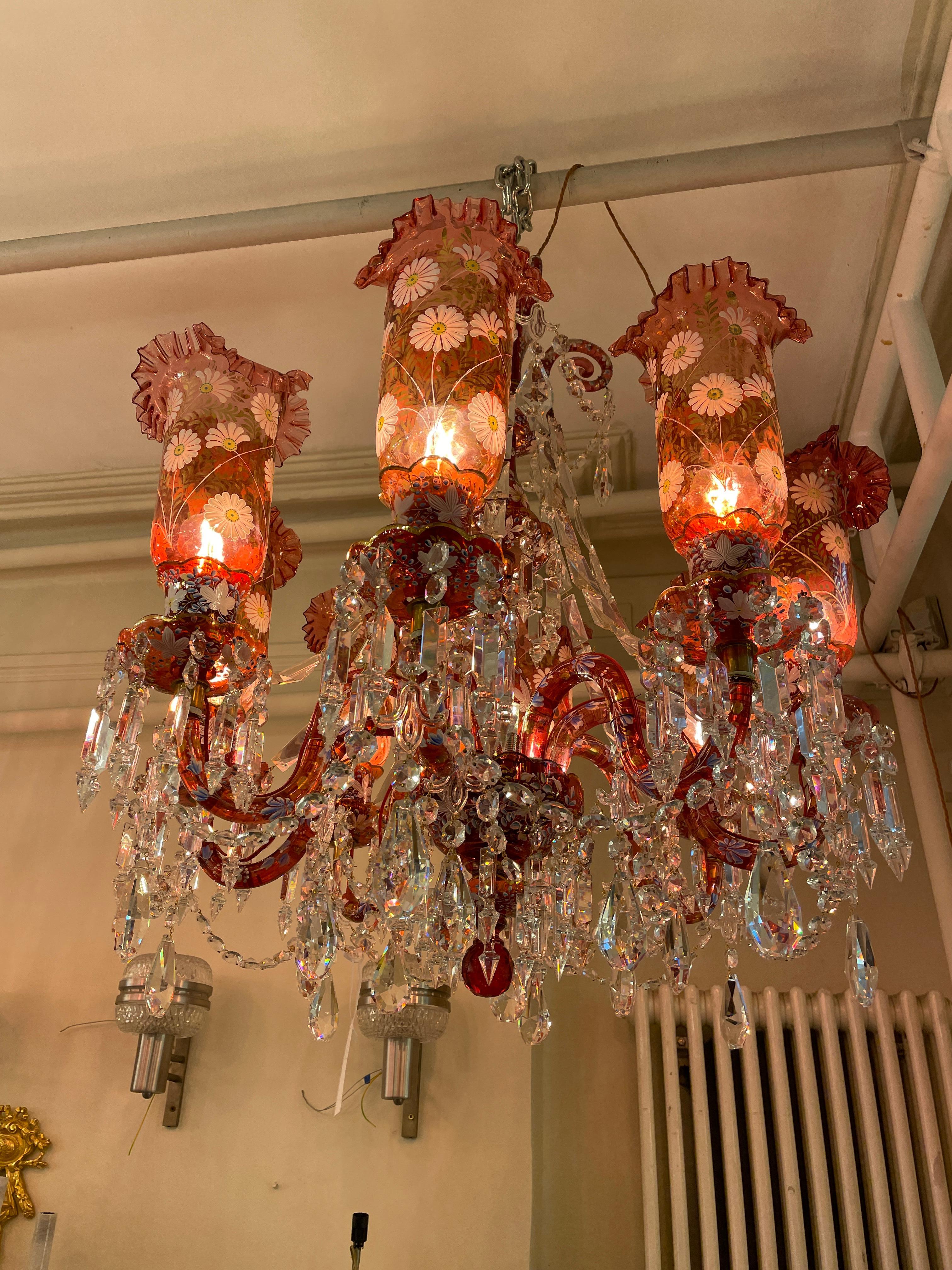 Antique Baccarat Ruby red and clear crystal 8 -light chandelier attributed to Baccarat with original hurricane shades. All decorated in an exquisite floral motif. my instagram dimitristefanov1
& 3 wall lights 

