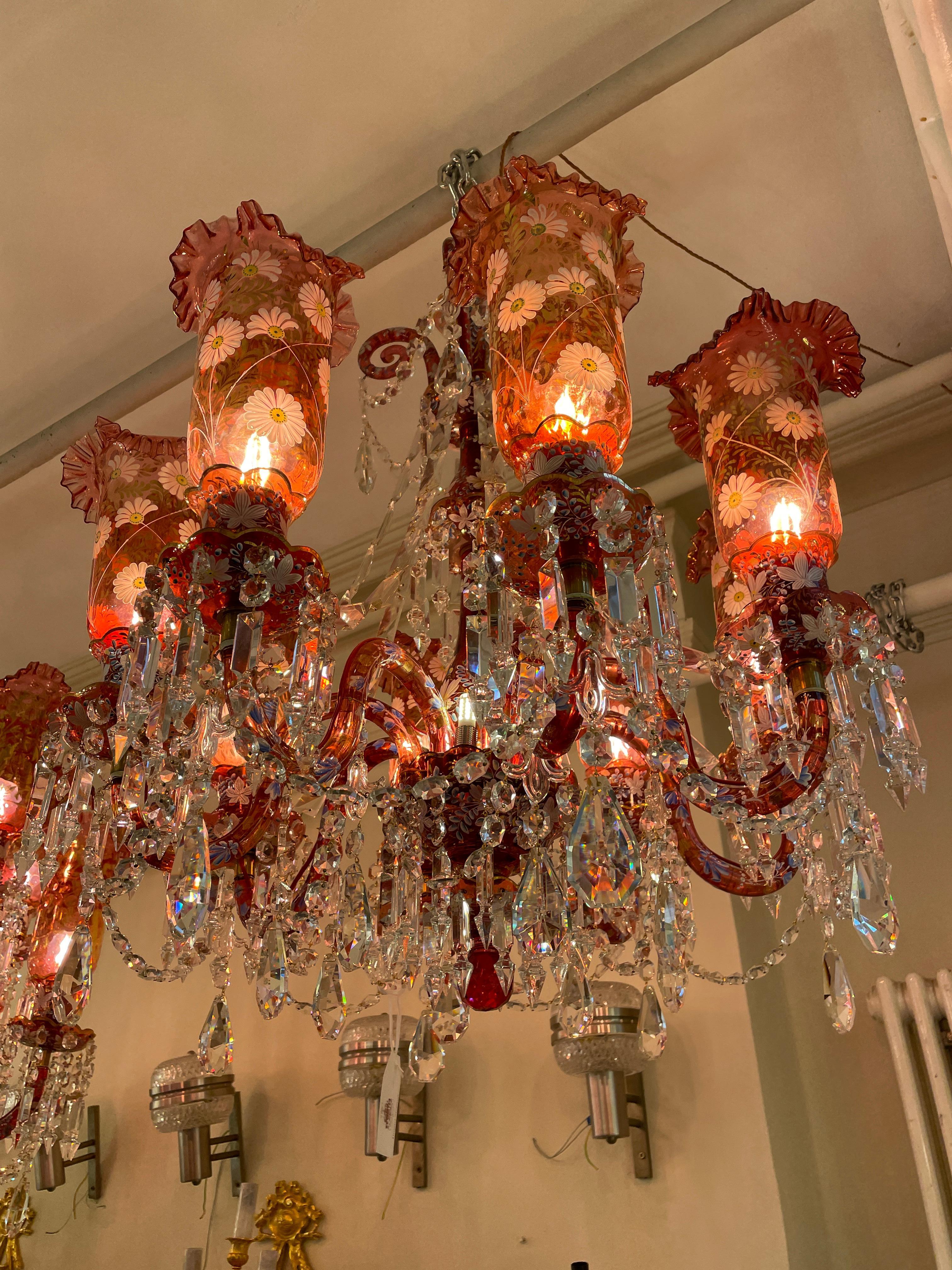 French Antique Baccarat Ruby Red and Clear Crystal 8 Light Chandelier & 3 wall lights  For Sale