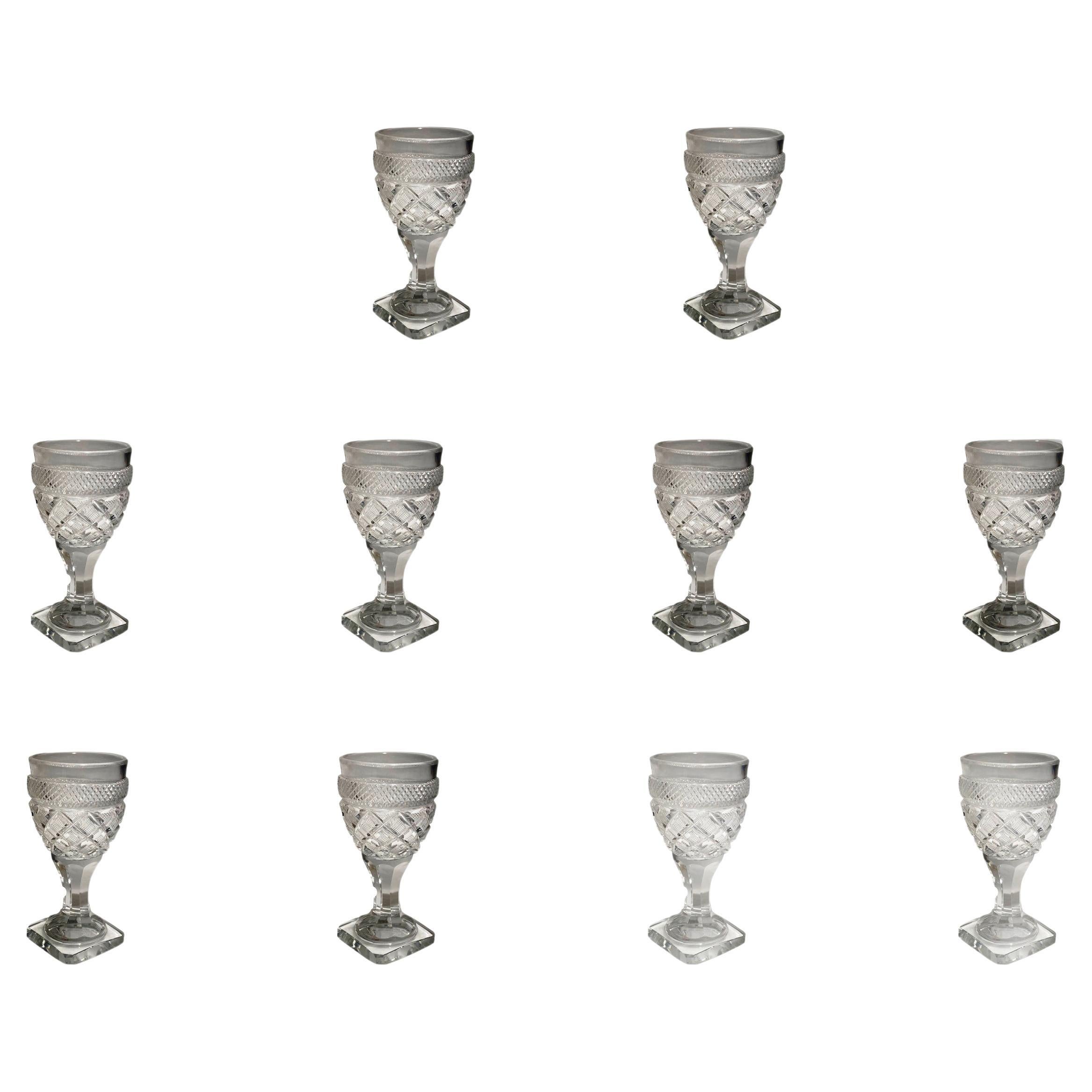 Antique Baccarat Set of 10 Cordial Glasses by St. Anne Factory, Voneche, 1810.