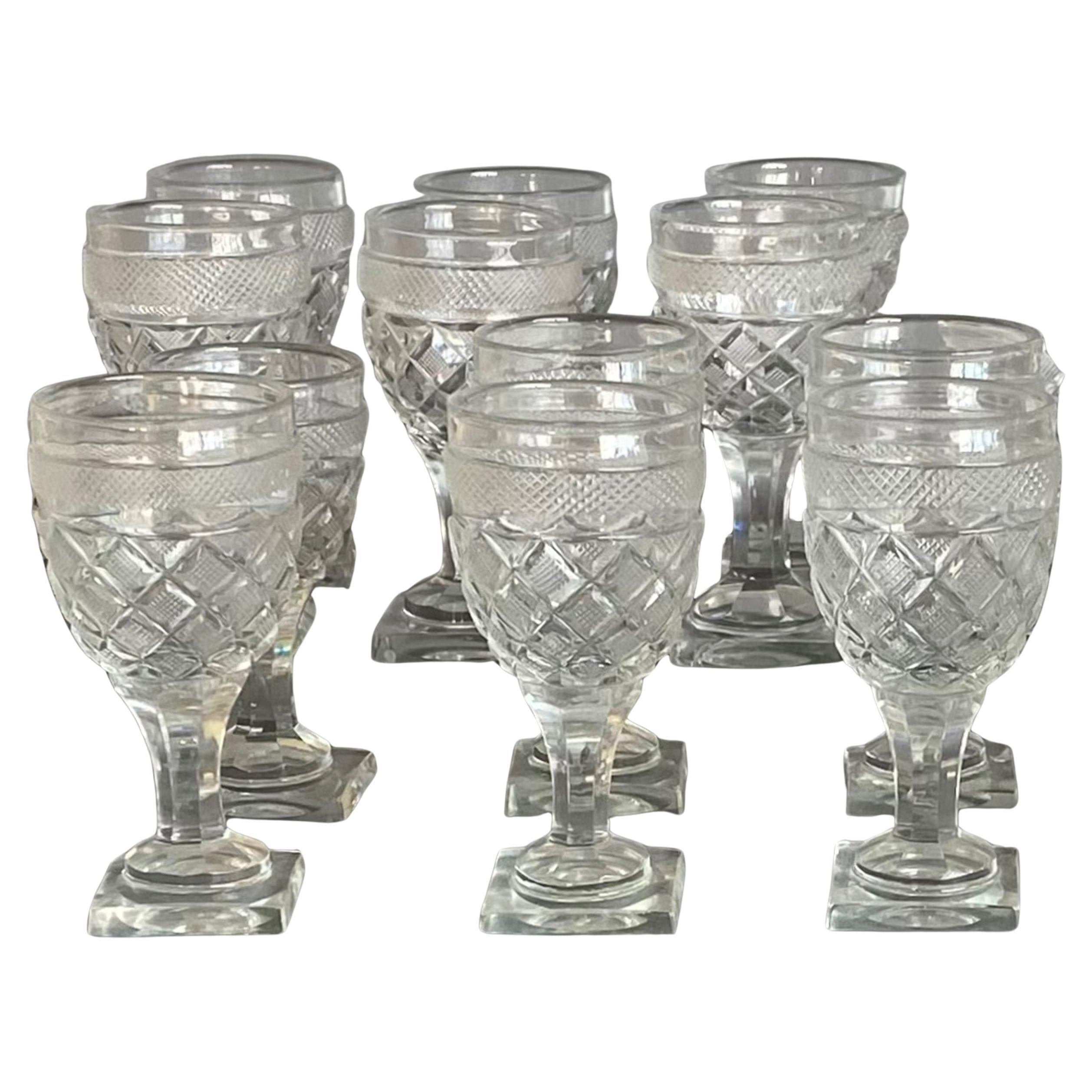 Antique Baccarat Set of 12 Cordial Glasses by St. Anne Factory, Voneche, 1810.