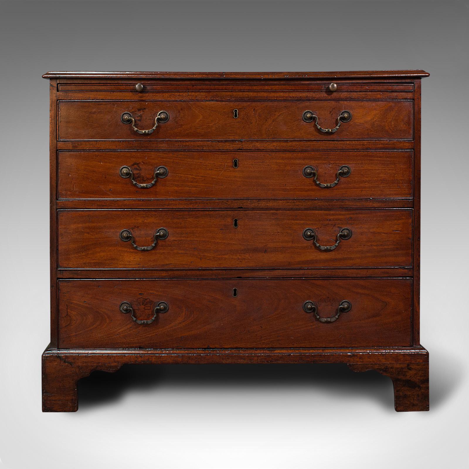 This is an antique bachelor's chest of drawers. An English, flame mahogany gentleman's cabinet, dating to the Georgian period, circa 1780.

Striking antique chest of drawers with appealing figuring
Displays a desirable aged patina
Dashing flame