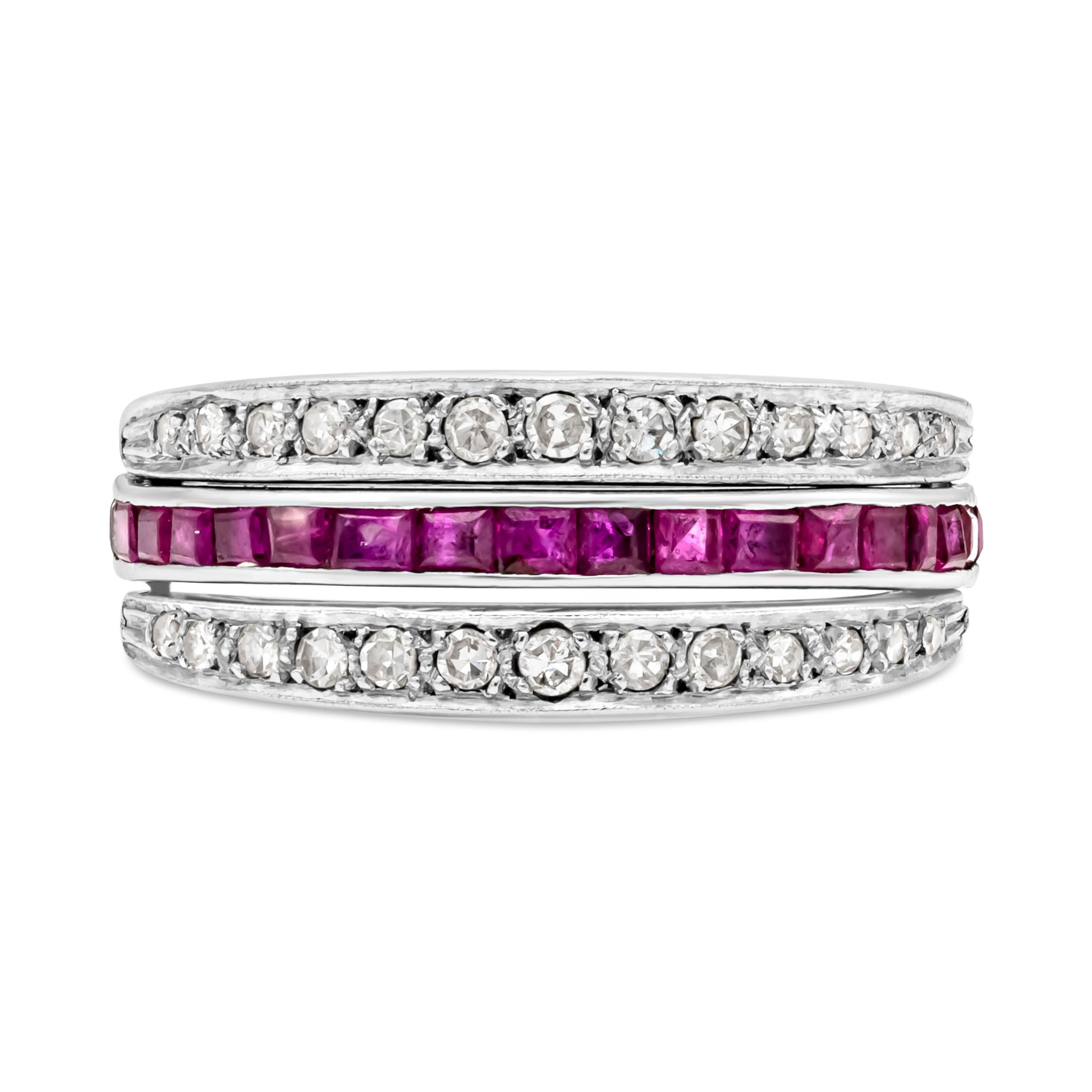 The antique art deco style eternity wedding band showcasing baguette cut half sapphires and half ruby weighing 1.70 carats total and encrusted with brilliant round cut diamonds weighing 0.45 carats total, set in a swivel design. Finely made in