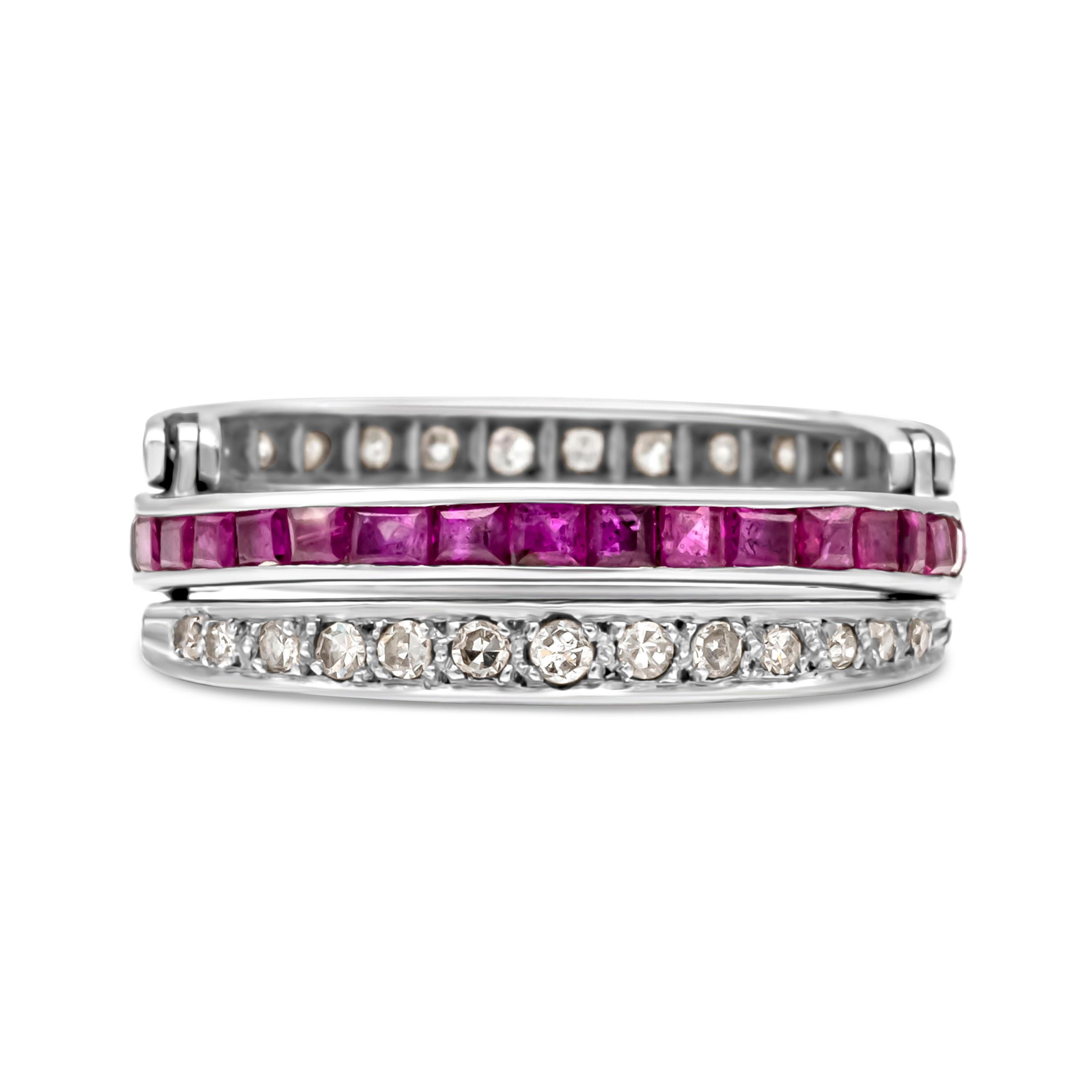 Antique Baguette Cut Sapphire & Ruby, Round Diamond Swivel Eternity Band In Good Condition For Sale In New York, NY