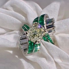 Antique Baguette Emerald And Old Cut Diamond Art Deco Cocktail Engagement Ring