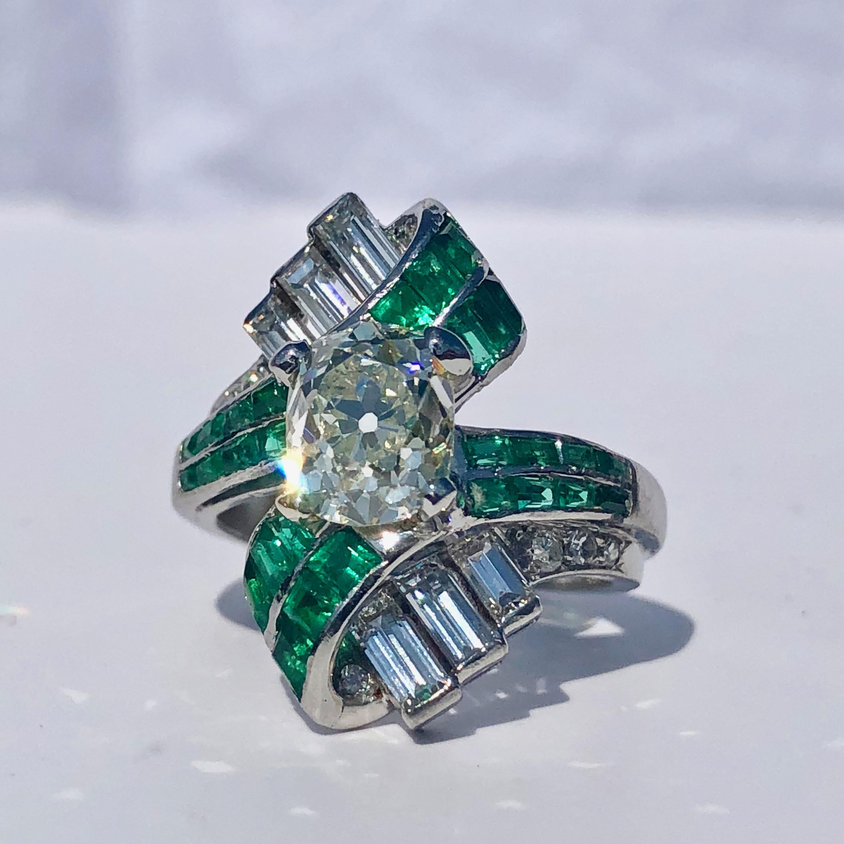 Old Mine Cut Antique Baguette Emerald And Old Cut Diamond Art Deco Cocktail Engagement Ring  For Sale