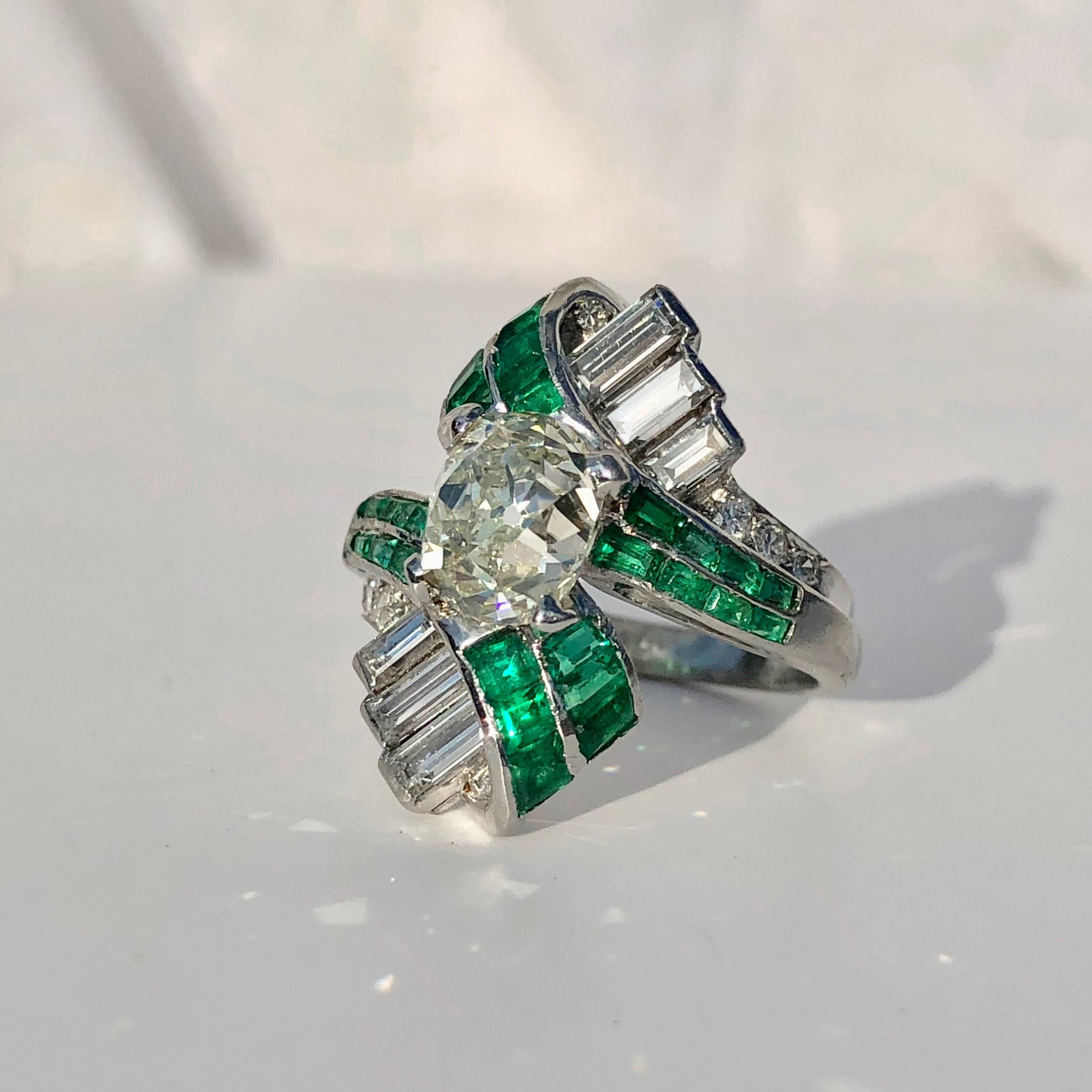 Antique Baguette Emerald And Old Cut Diamond Art Deco Cocktail Engagement Ring  For Sale 1