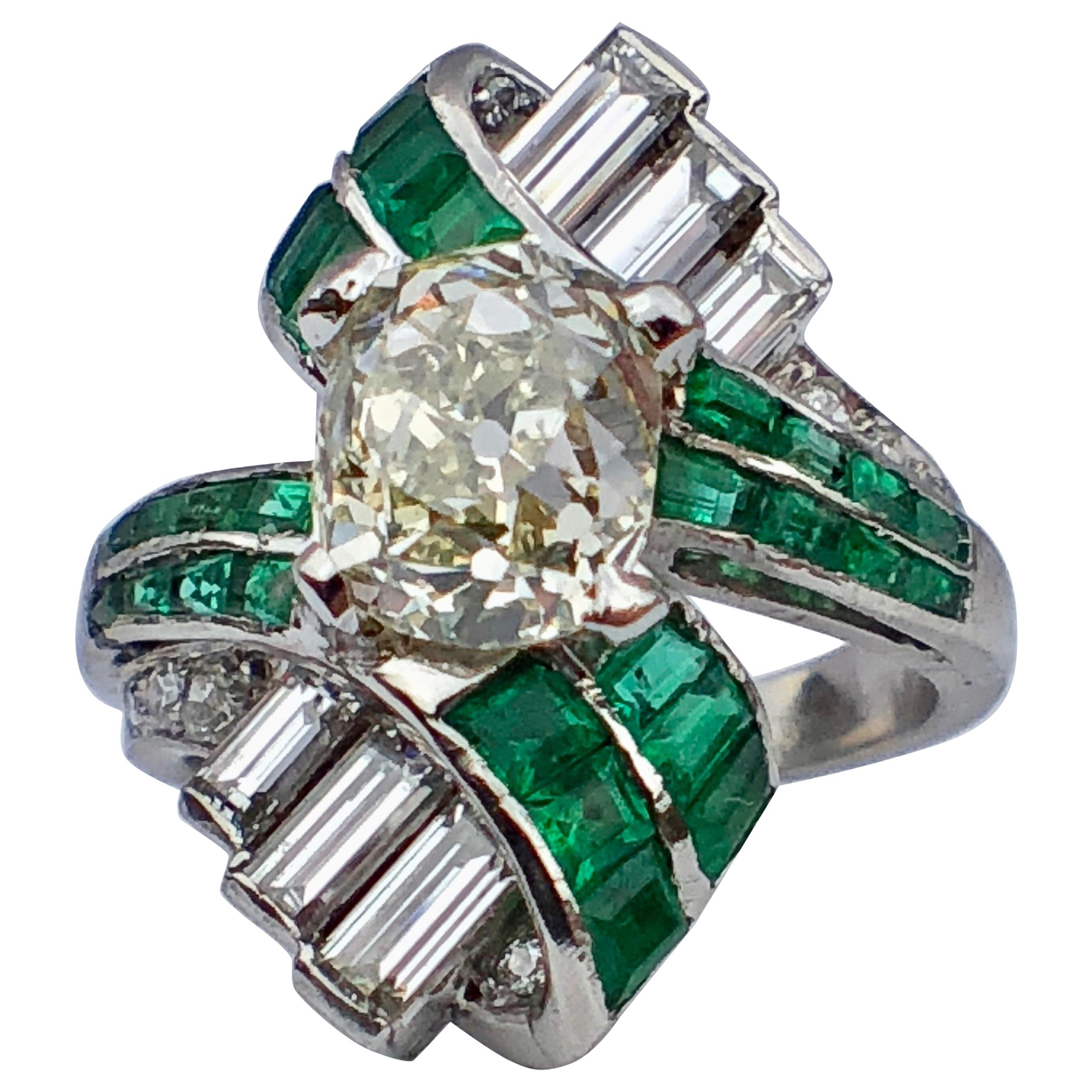 Antique Baguette Emerald And Old Cut Diamond Art Deco Cocktail Engagement Ring  For Sale