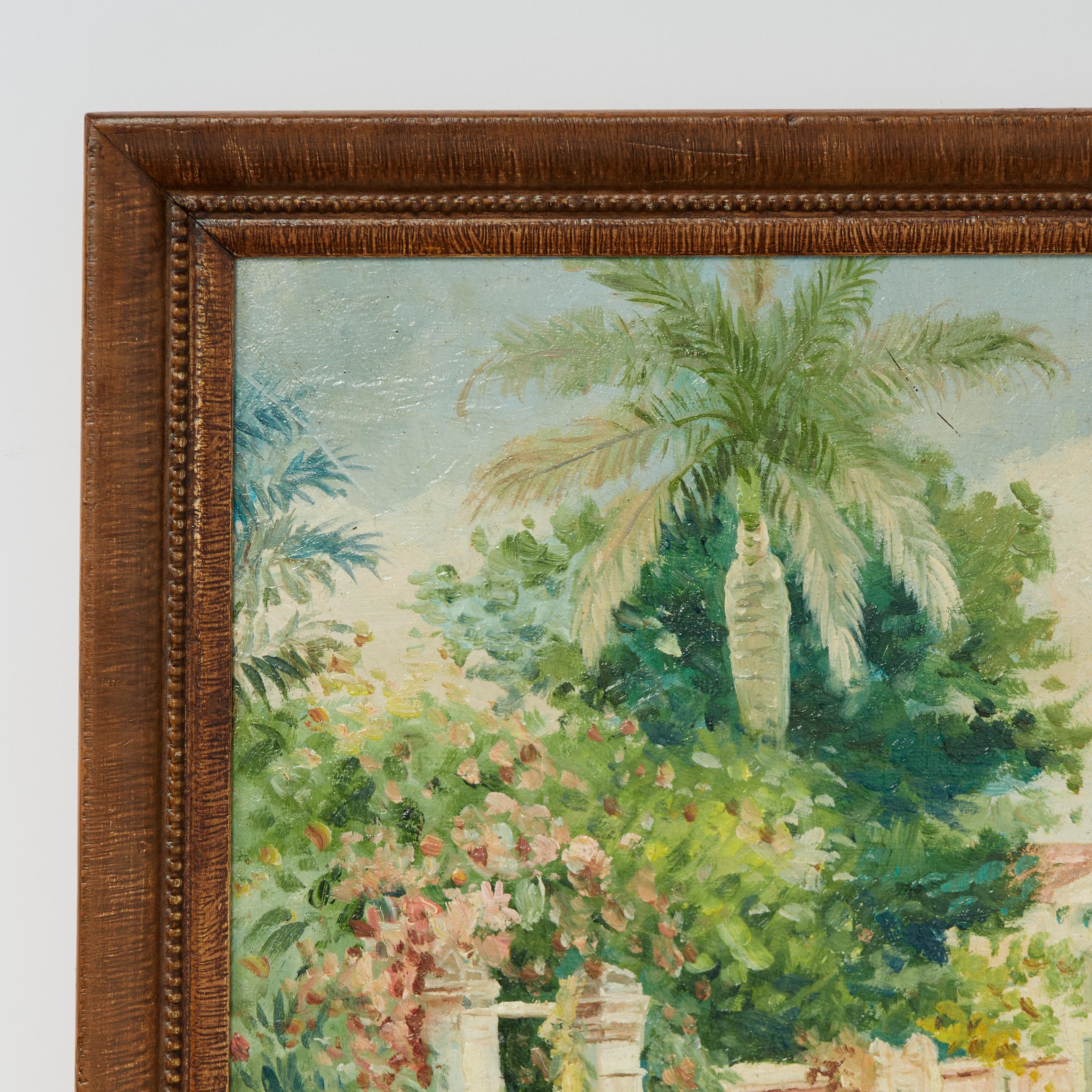 Transporting oil painting on canvas of a street scene in the Bahamas on a sunny day some time ago, with palm trees, flowers, houses and figures on a bay, executed in an impressionist style. Presented in a distressed painted wood frame with a brass
