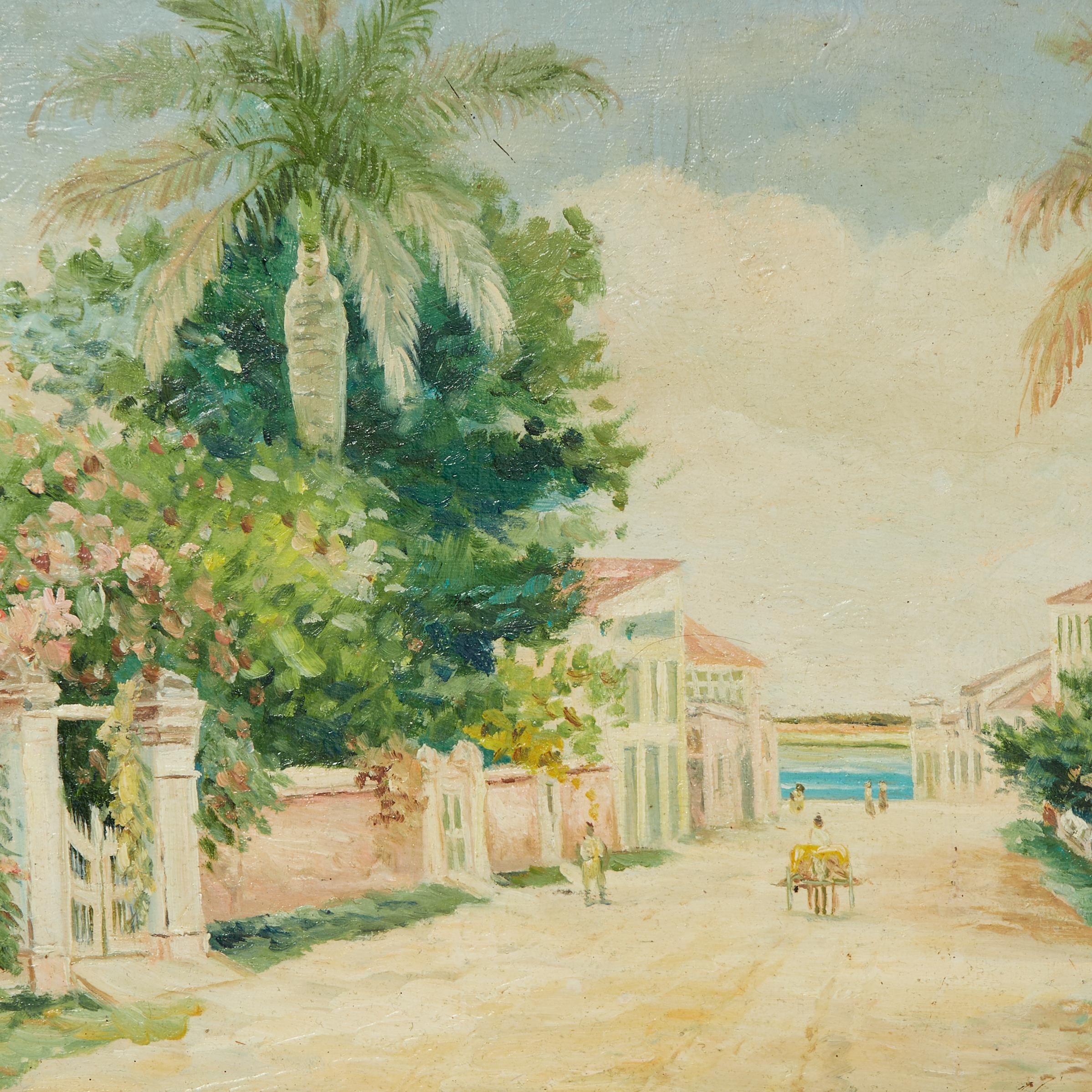 Edwardian Antique Bahamian Painting of a Street Scene by Elmer Read