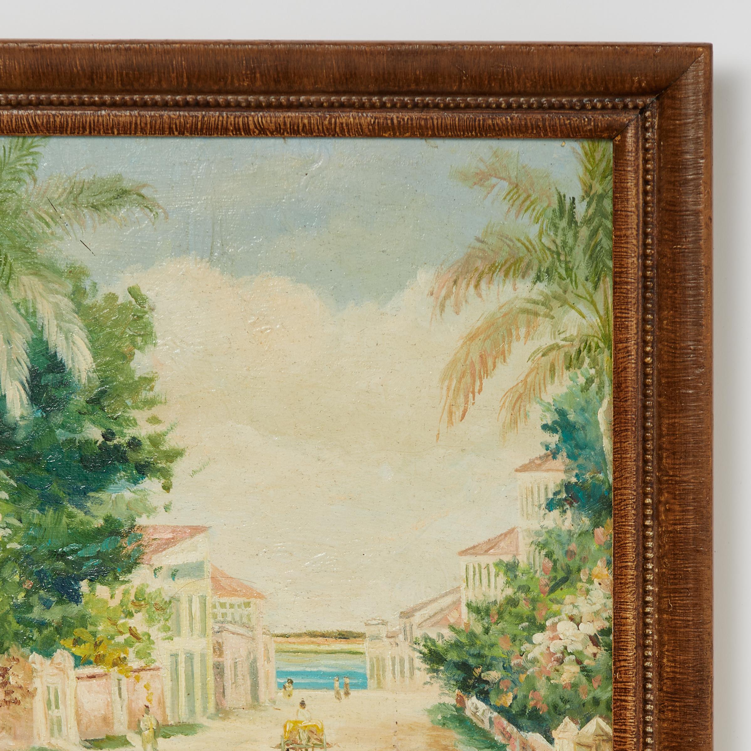 Hand-Painted Antique Bahamian Painting of a Street Scene by Elmer Read