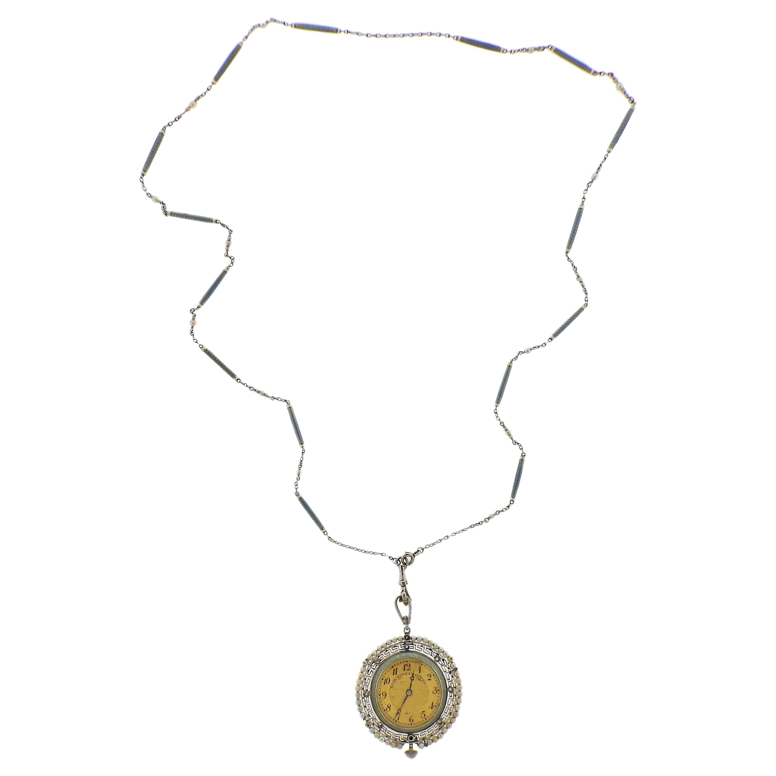 Antike Bailey Banks & Biddle Platin-Perlen-Diamant-Uhr-Halskette