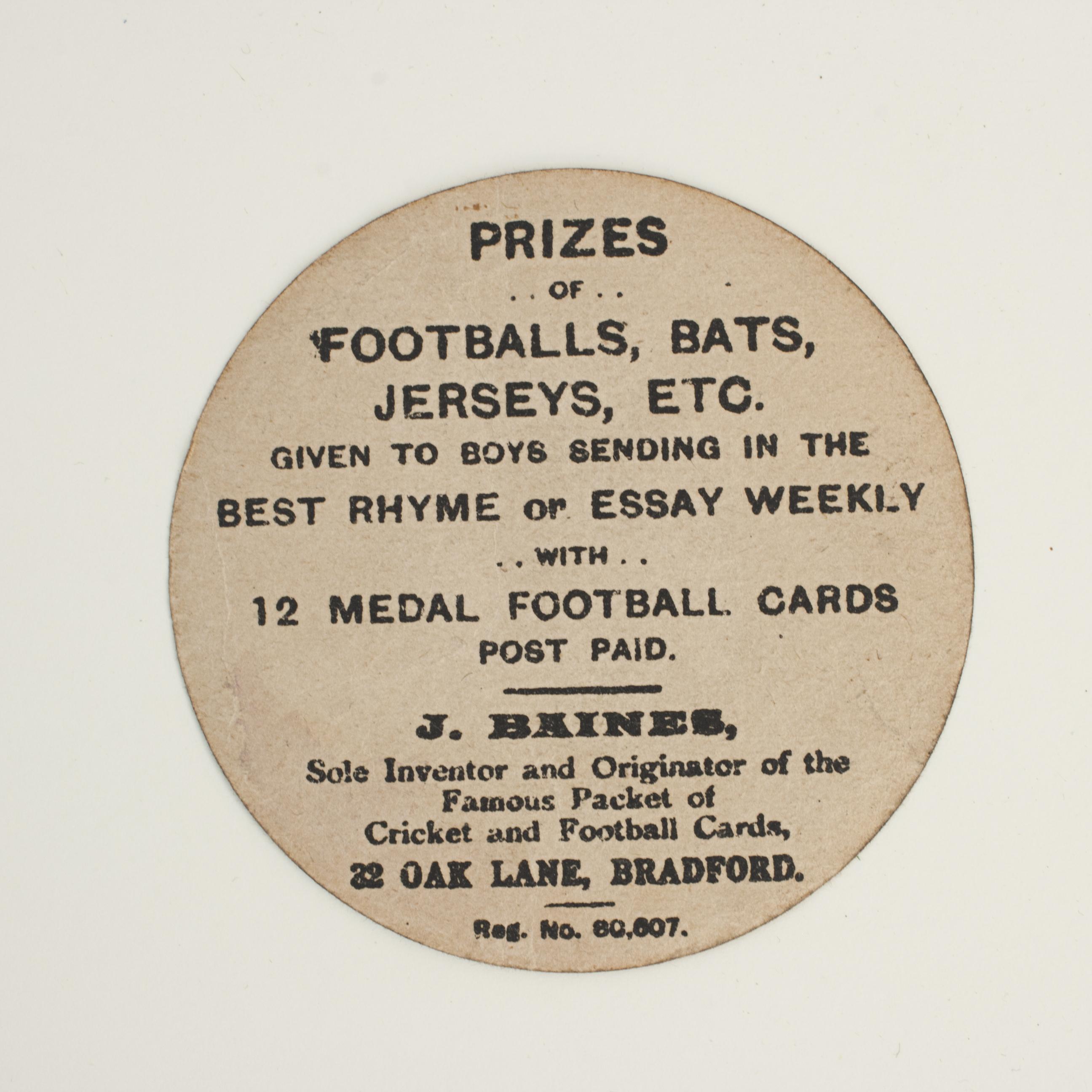 Baines Football trade card, Blackburn Rovers.
A rare circular football trade card in the shape of a leather football ball. Made by the toy shop owner from Bradford, John Baines. Baines went on to produce not only football cards but eventually