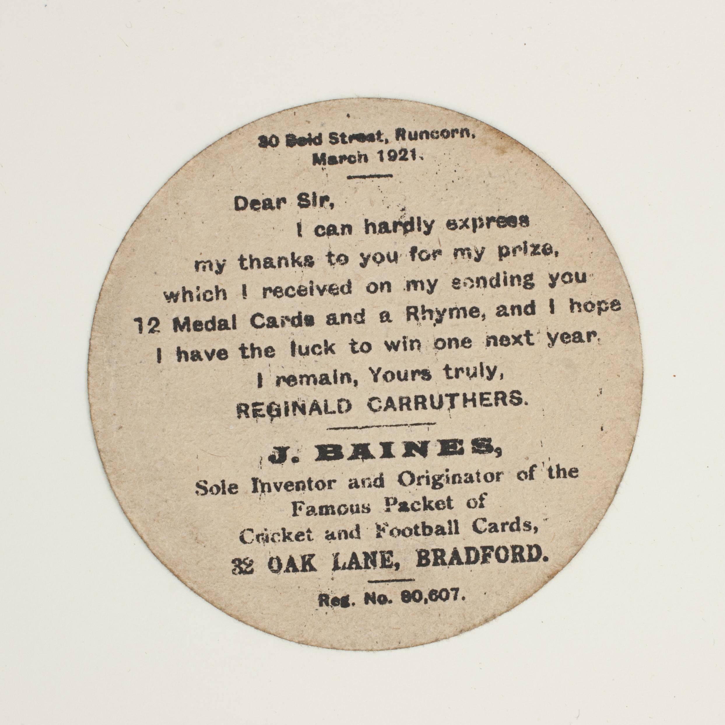 Baines football trade card, Third Lanark.
A rare circular football trade card in the shape of a leather football ball. Made by the toy shop owner from Bradford, John Baines. Baines went on to produce not only football cards but eventually covered