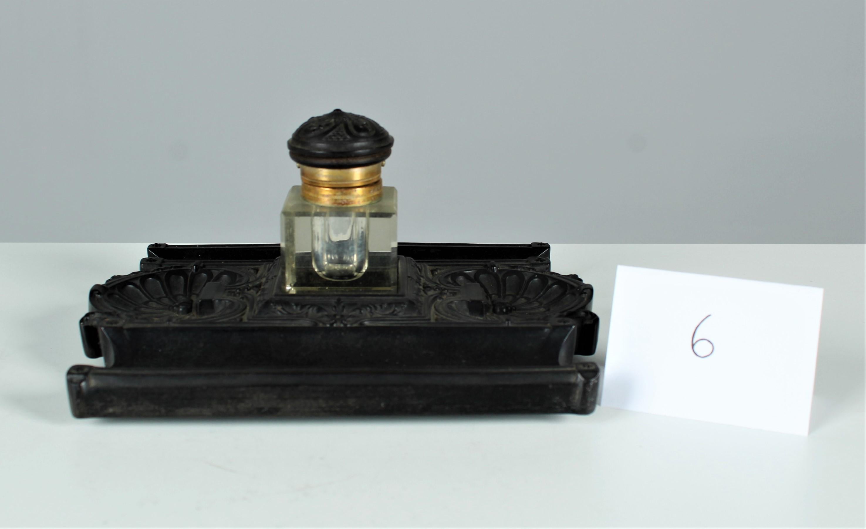 Late Victorian Antique Gutta-Percha Inkwell, Desk Pen Tray With Glass Insert, Circa 1880s For Sale
